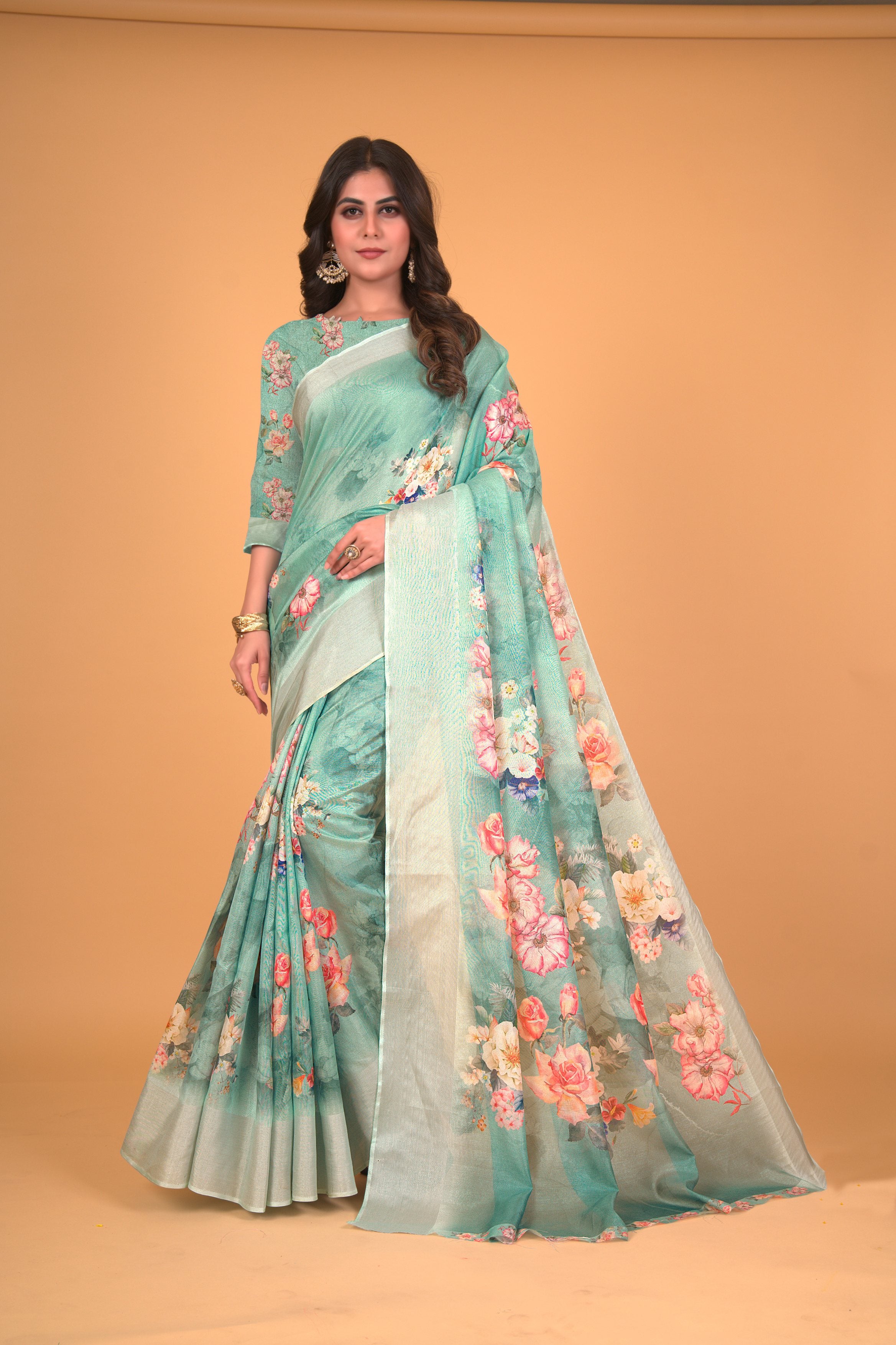 Women's Sea Green Cotton Silk Floral Printed Saree With Unstitched Blouse Piece - Navyaa