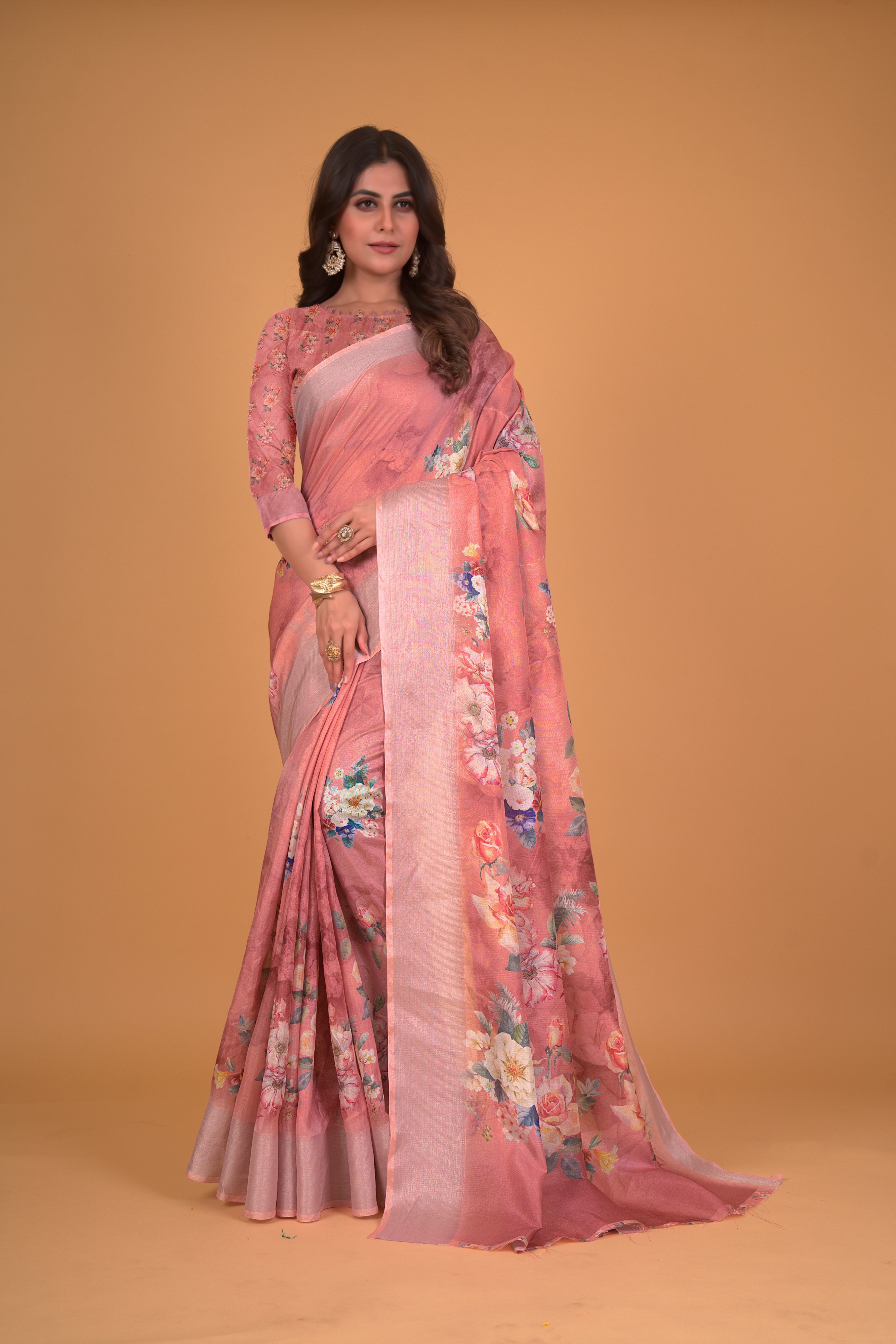 Women's Peach Cotton Silk Floral Printed Saree With Unstitched Blouse Piece - Navyaa