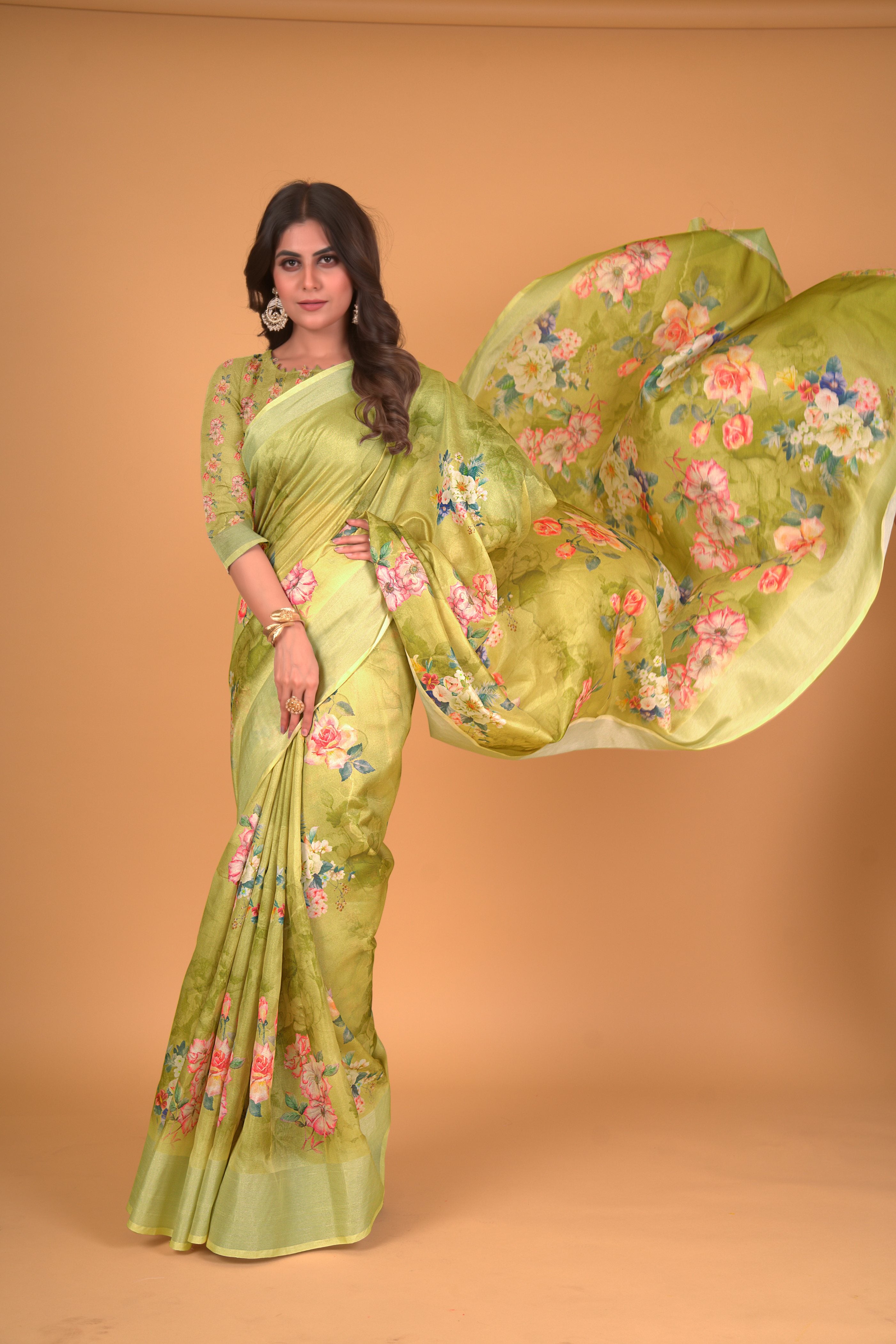 Women's Green Cotton Silk Floral Printed Saree With Unstitched Blouse Piece - Navyaa