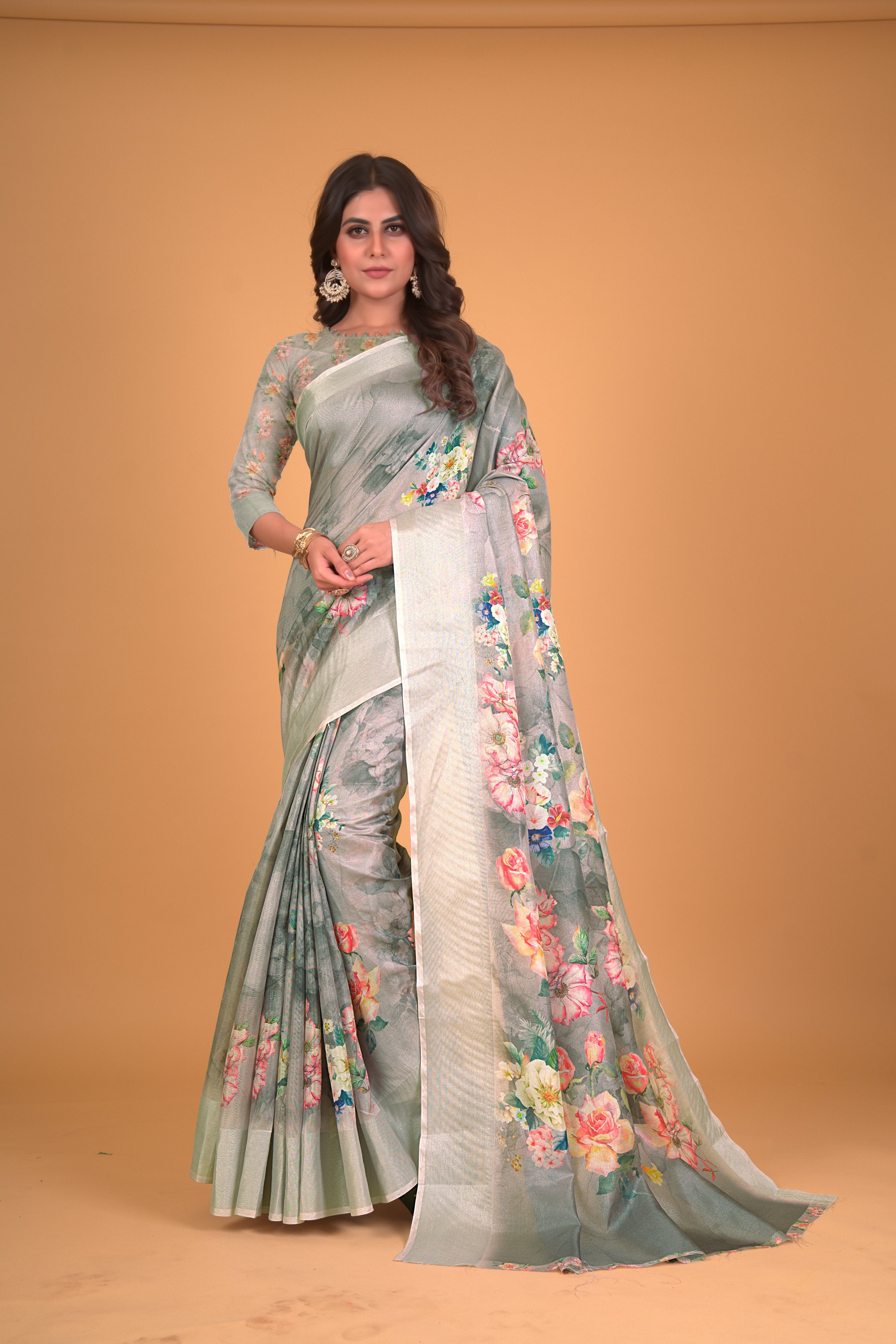 Women's Green Cotton Silk Floral Printed Saree With Unstitched Blouse Piece - Navyaa