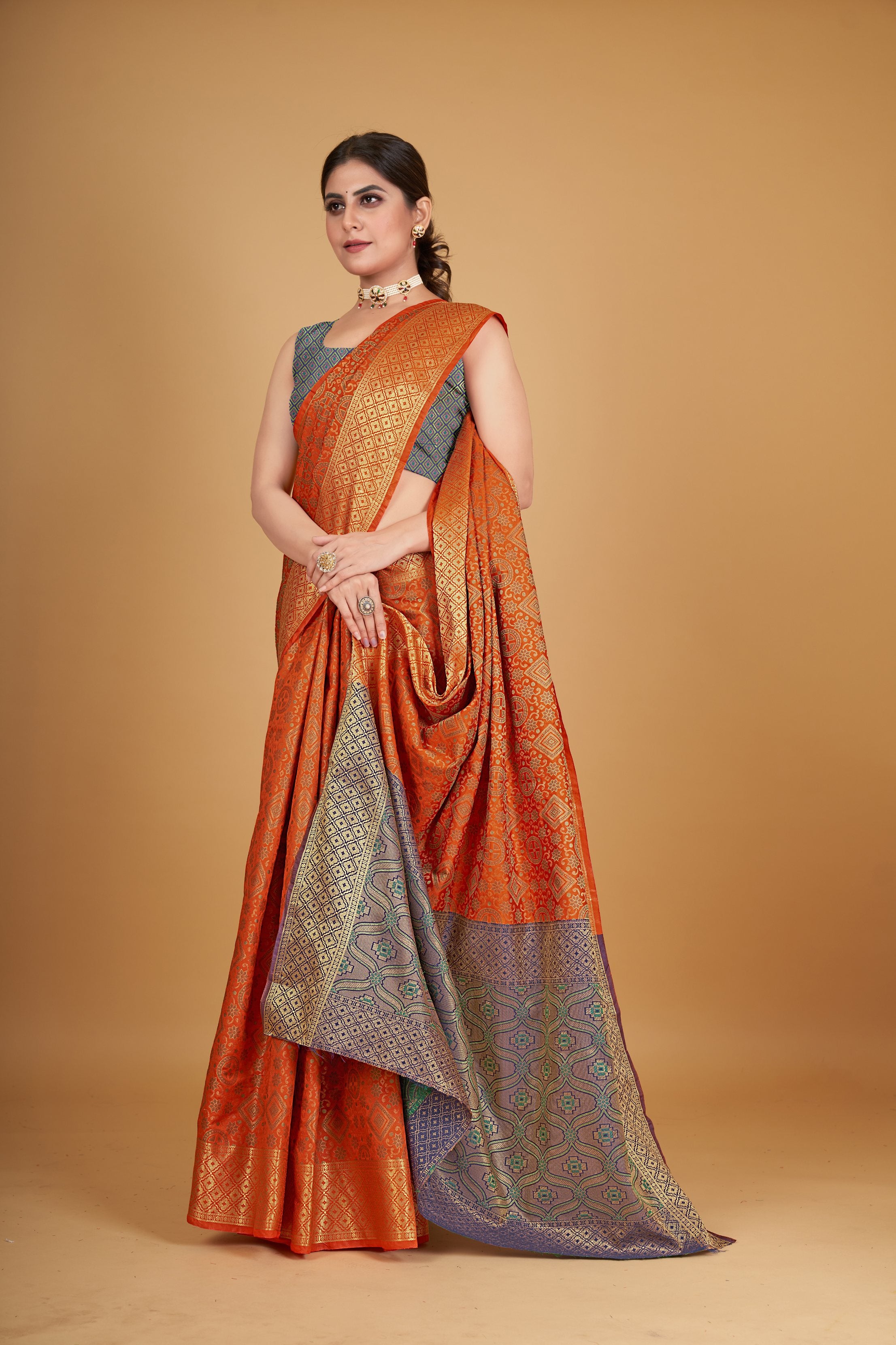Women's Orange Silk Woven Design Saree With Unstitched Blouse Piece - Navyaa