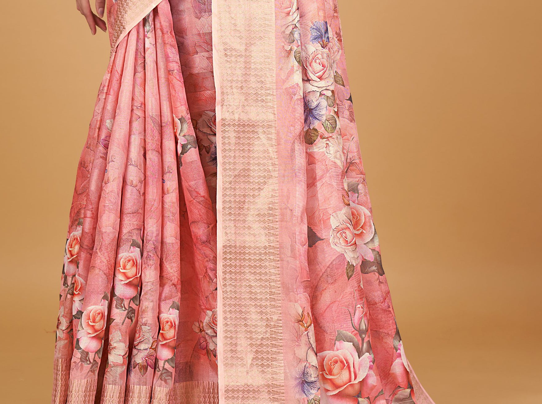 Women's Peach Cotton Silk Digital Printed Saree With Unstitched Blouse Piece - Navyaa