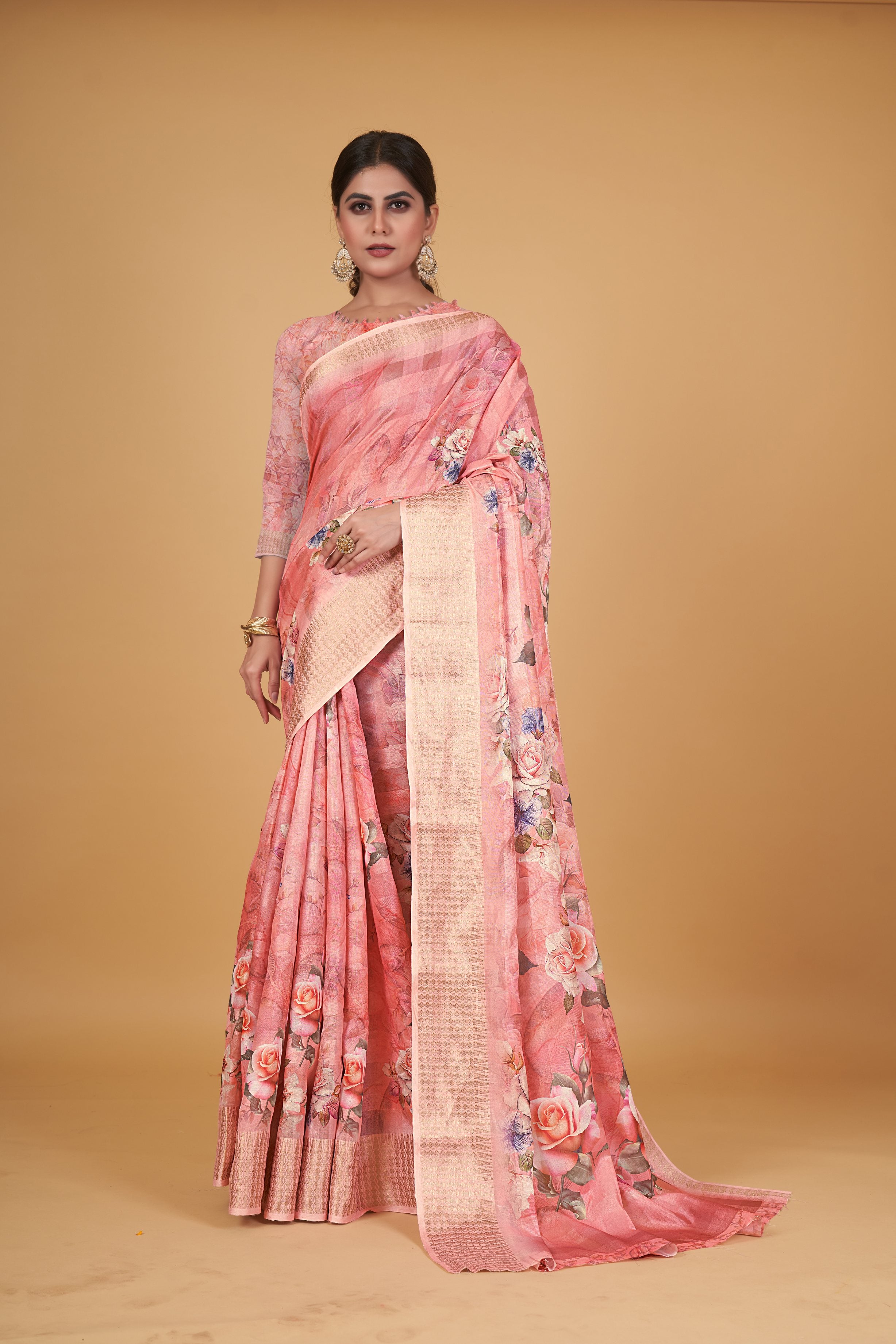 Women's Peach Cotton Silk Digital Printed Saree With Unstitched Blouse Piece - Navyaa