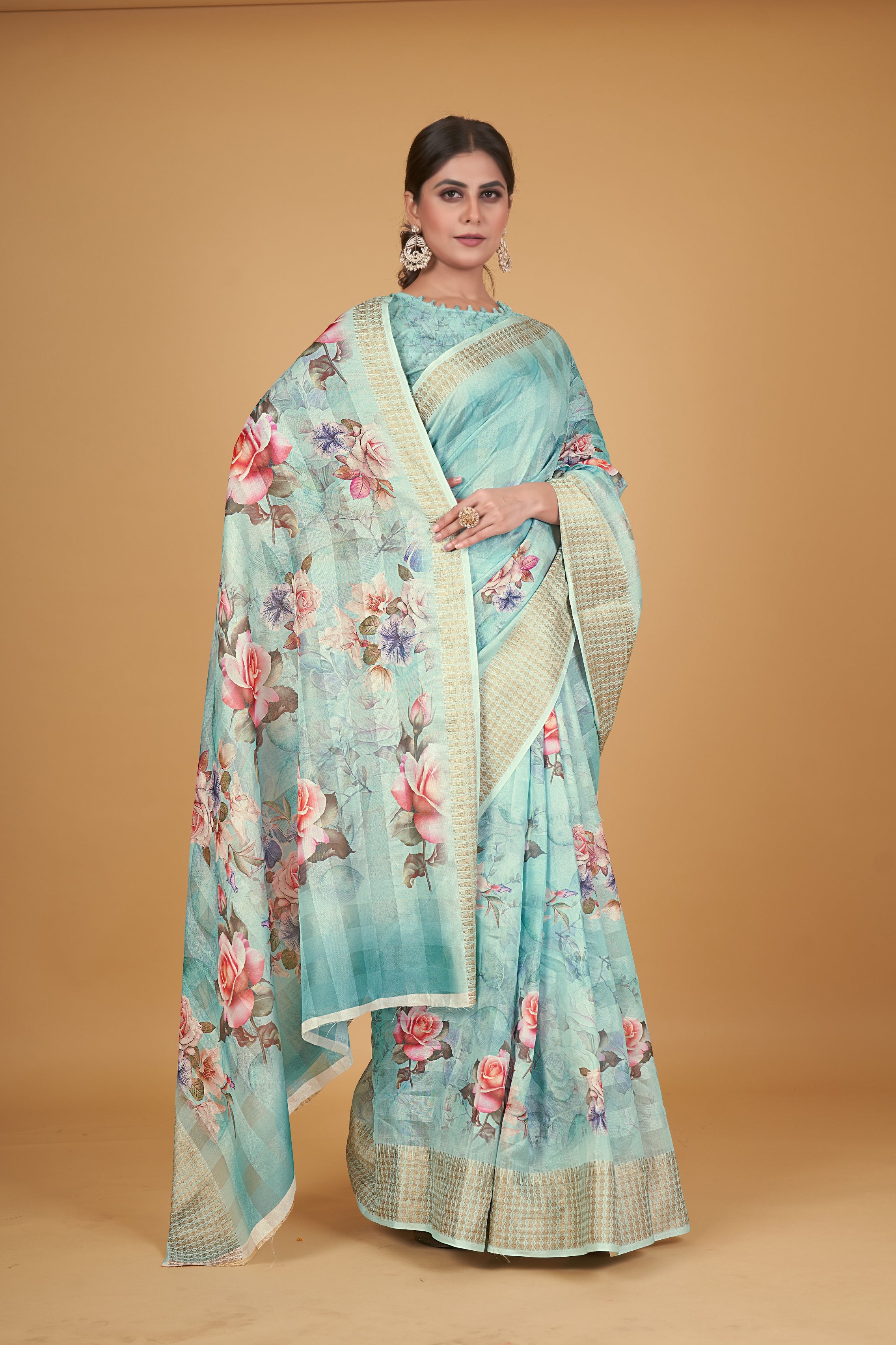 Women's Blue Cotton Silk Digital Printed Saree With Unstitched Blouse Piece - Navyaa