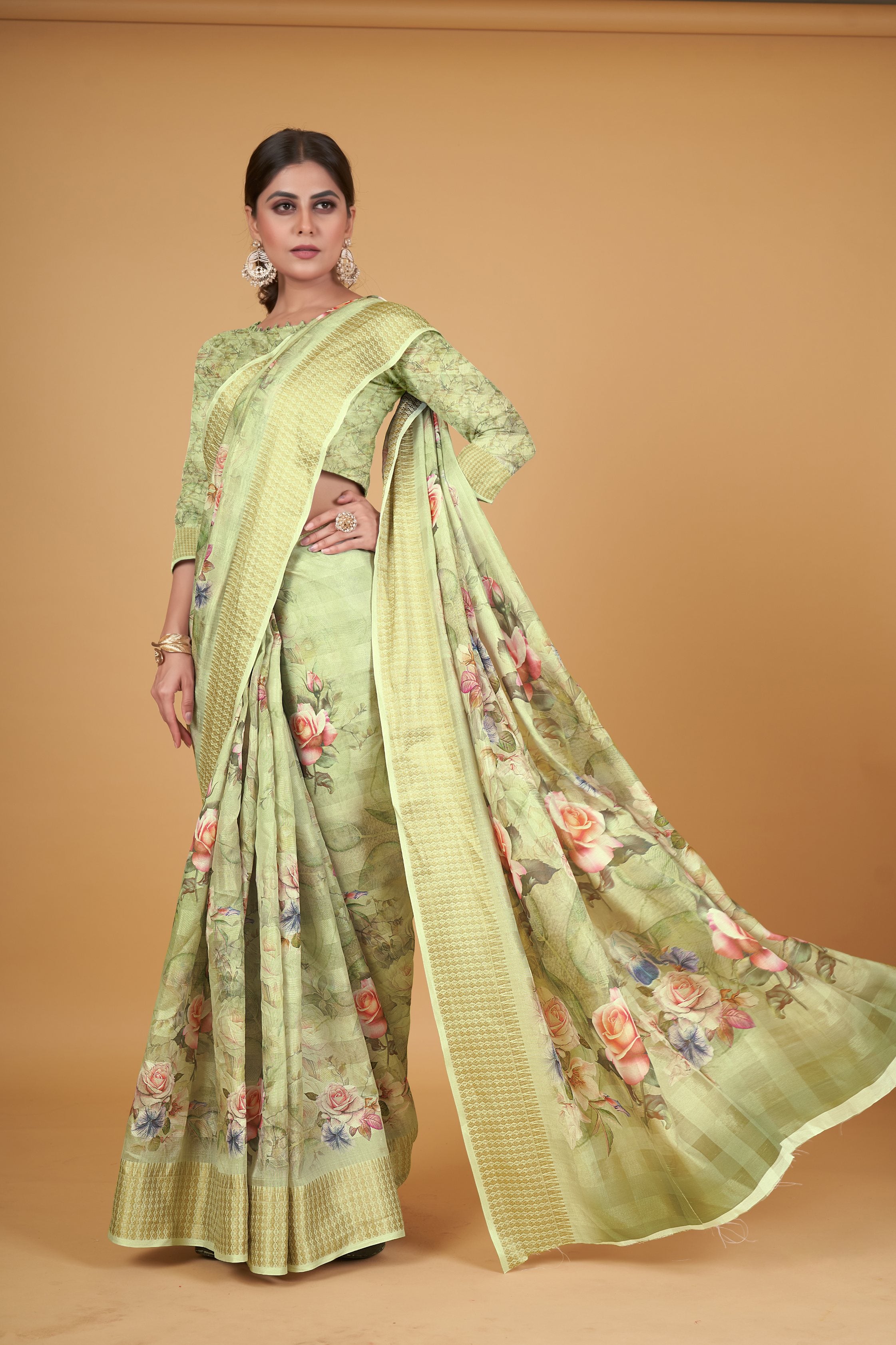 Women's Green Cotton Silk Digital Printed Saree With Unstitched Blouse Piece - Navyaa