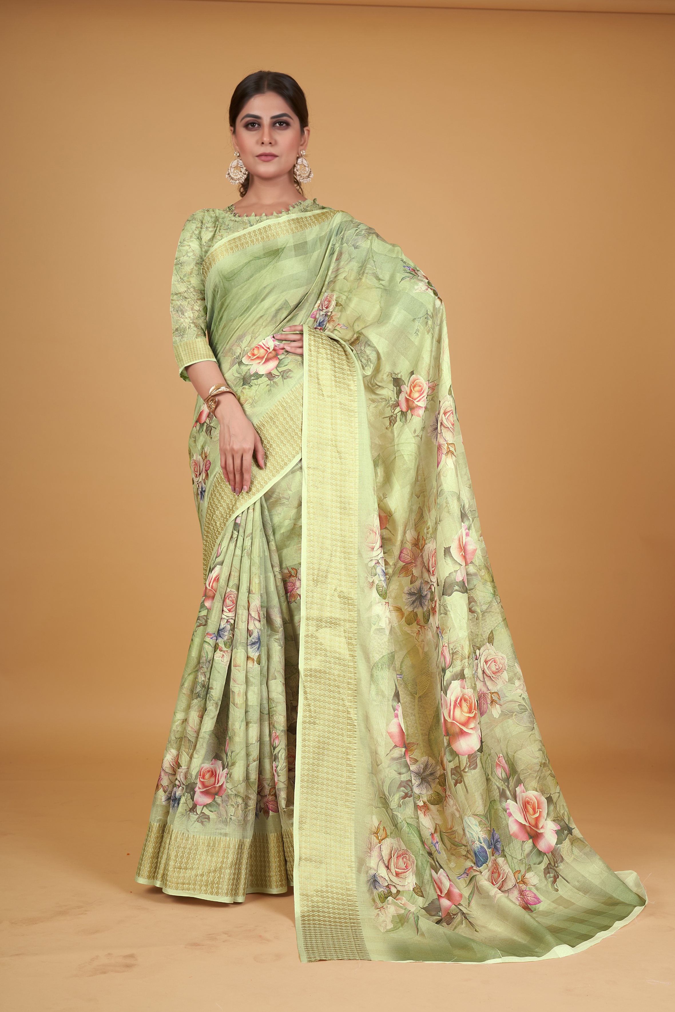 Women's Green Cotton Silk Digital Printed Saree With Unstitched Blouse Piece - Navyaa