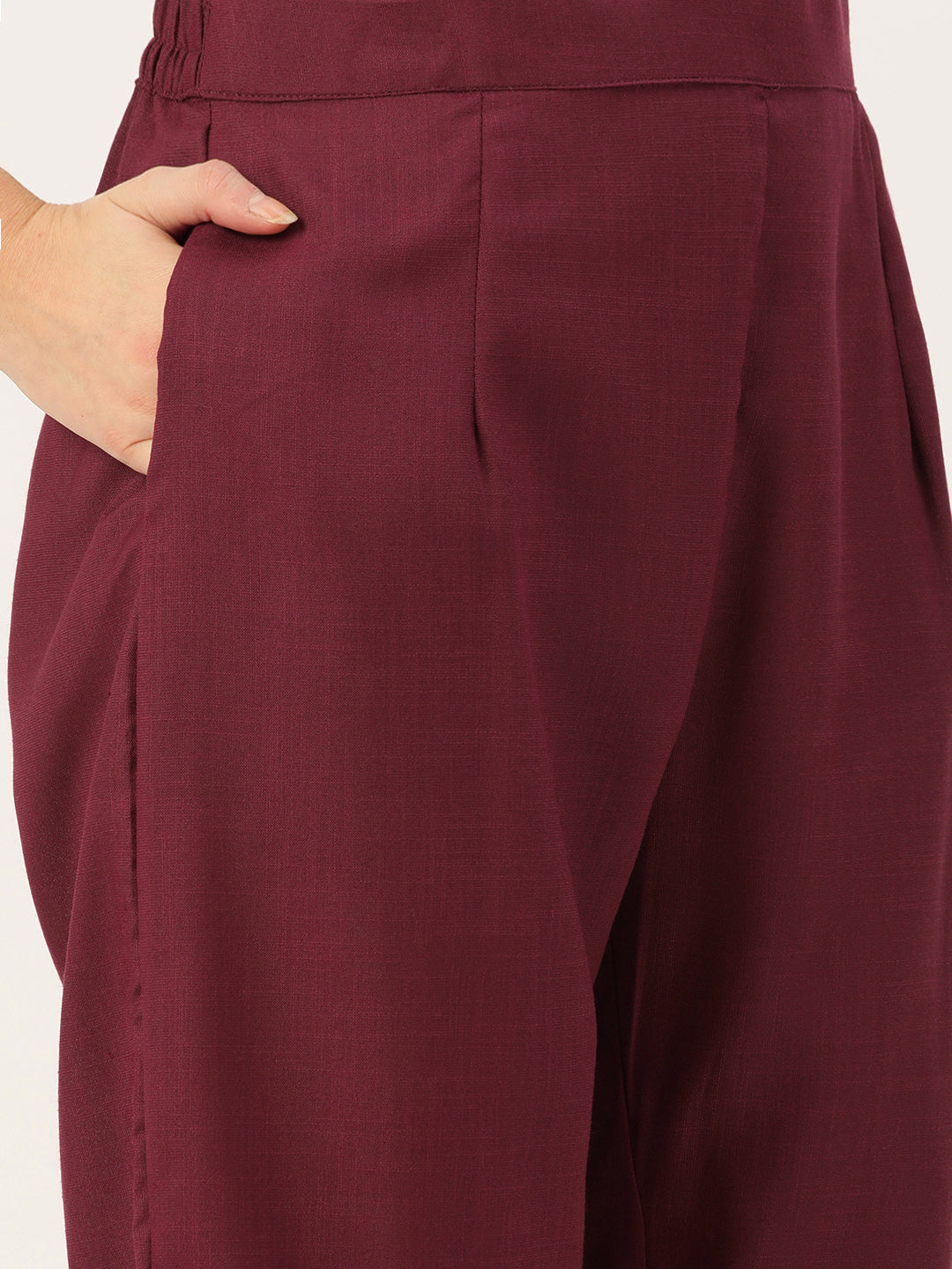 Women's Wine Cotton Blend Panelled Printed Straight Kurta Trouser Set With Dupatta - Vaaba