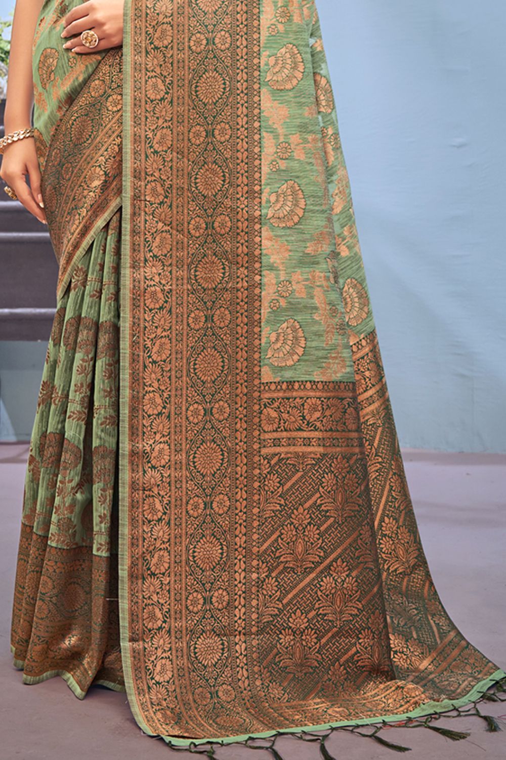 Women's Sea Green Cotton Woven Zari Work Traditional Tassle Saree - Sangam Prints