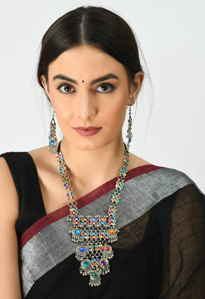 Kamal Johar Silver-Plated Multi Color Kundan Necklace with Ear