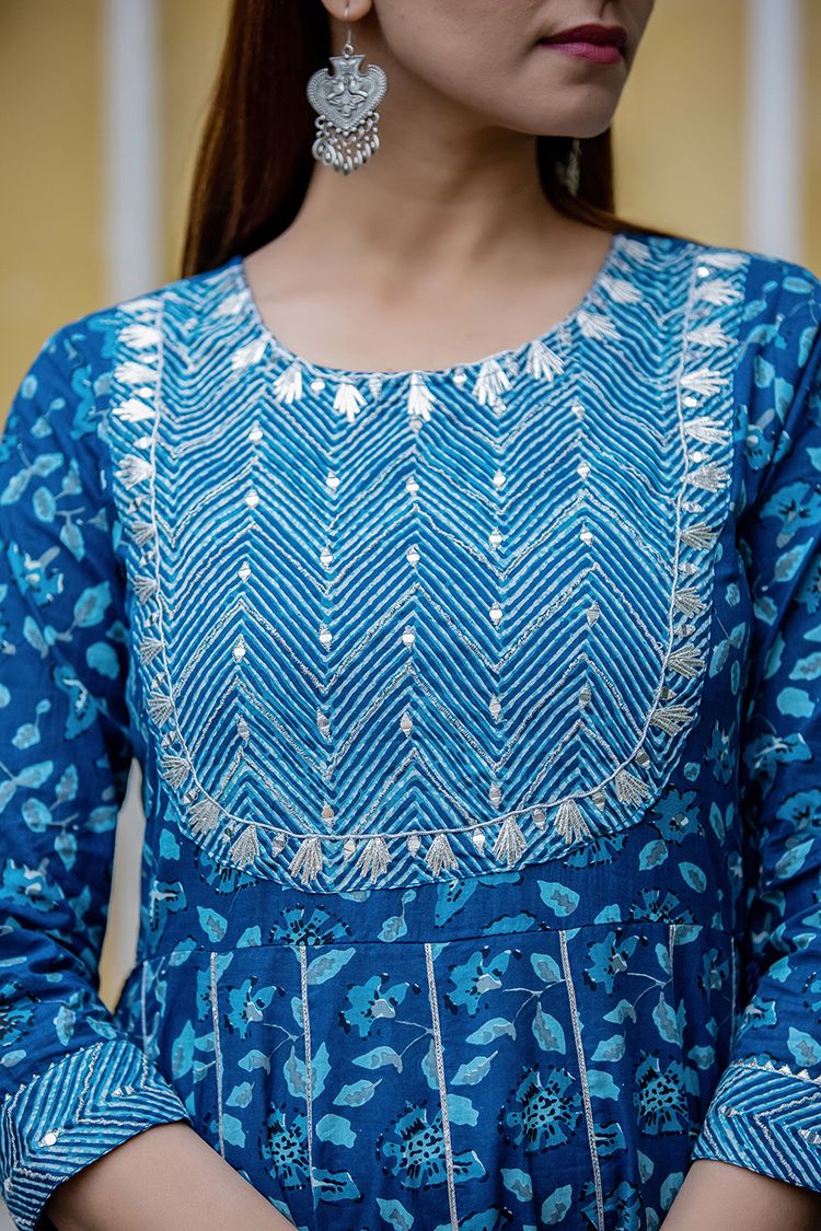 Women's Blue Mirror Embellished Anarkali Suit Set - KAAJH