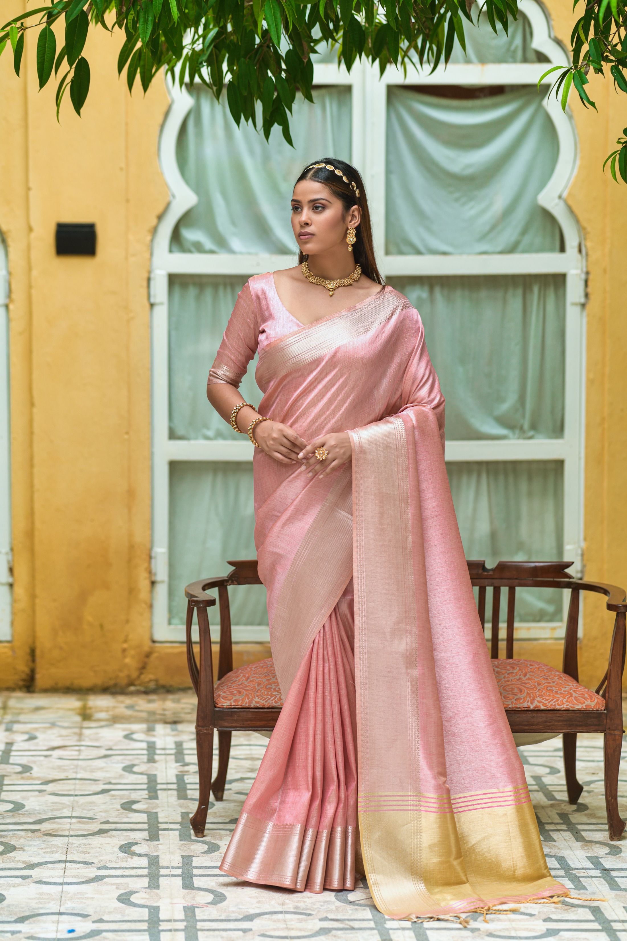 Women's Pink Woven South Silk Saree with Tassels - Vishnu Weaves