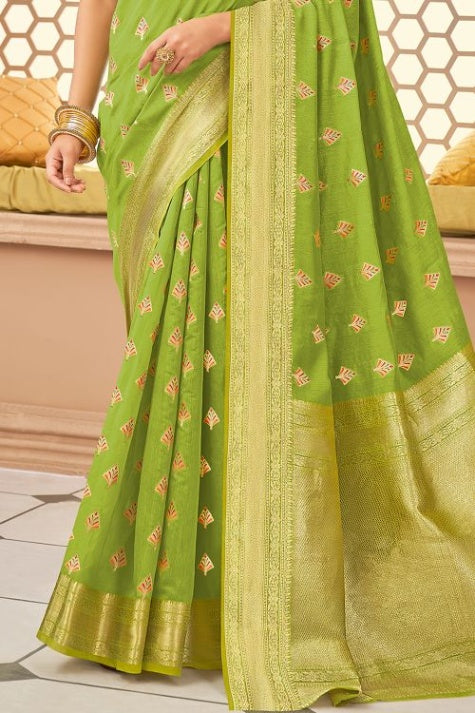 Women's Bright Green Banarasi Saree - Karagiri