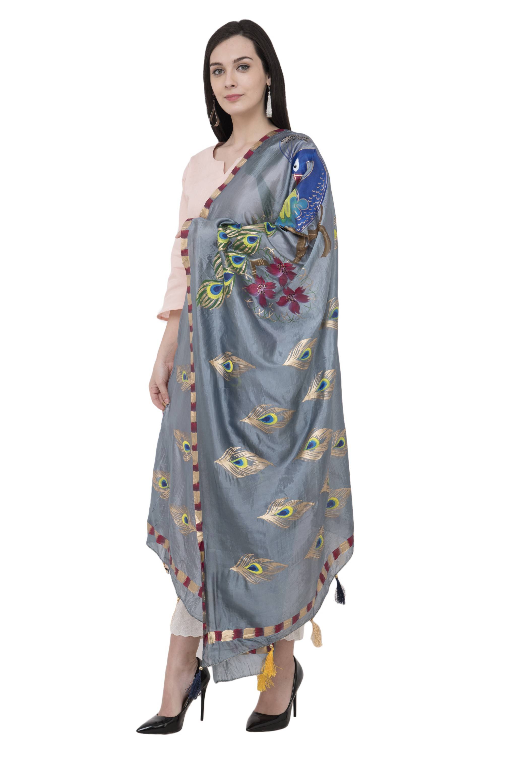 A R Silk Silk Peacock Multi Fancy Dupatta Color Gray Dupatta or Chunni