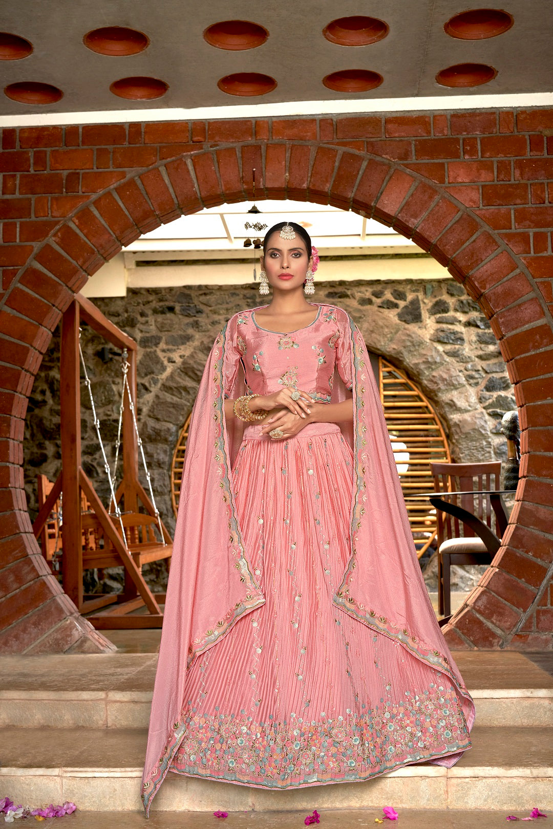 Women's Pink Chinon Four Sequin And Thread Embroidery Lehenga Choli Set - Dwija Fashion