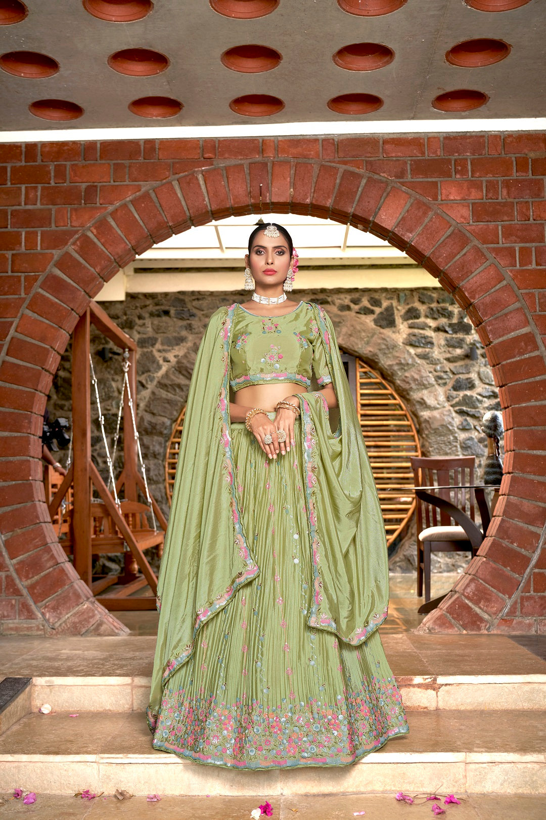 Women's Pista Chinon Four Sequin And Thread Embroidery Lehenga Choli Set - Dwija Fashion