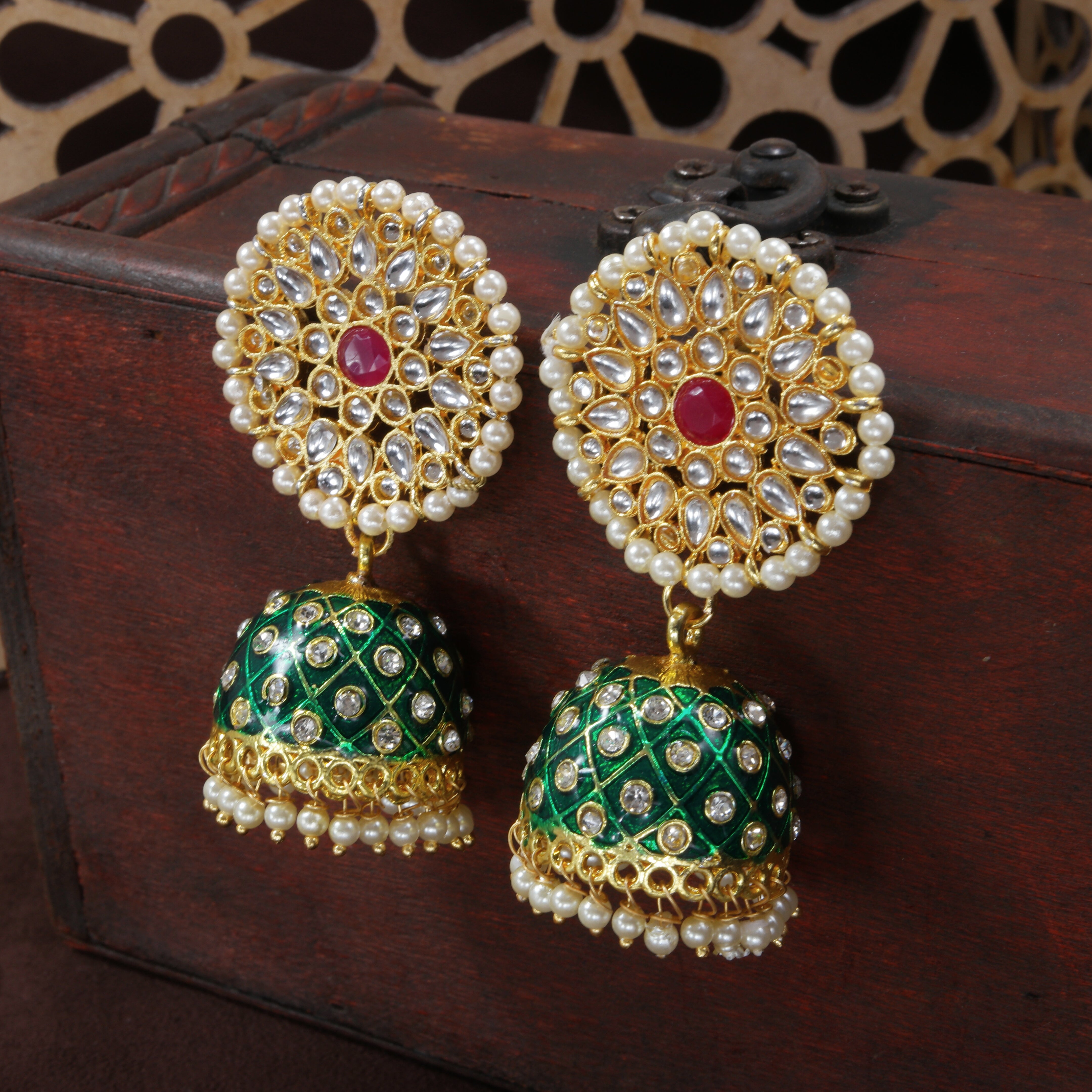 Women's 18k gold plated floral handcrafted Green meenakari jhumka earring e2925cr - I Jewels