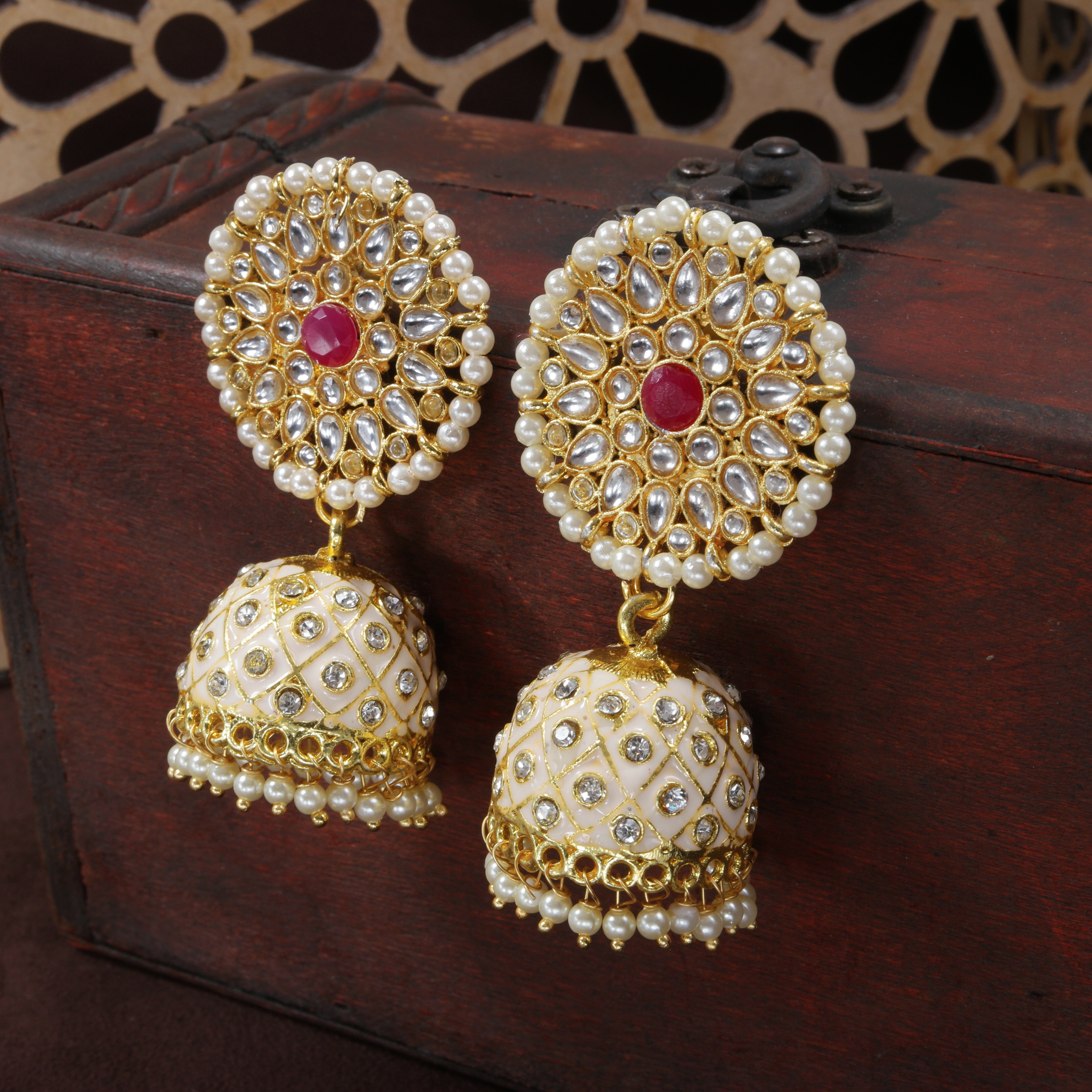 Women's 18k gold plated floral handcrafted cream meenakari jhumka earring e2925cr - I Jewels