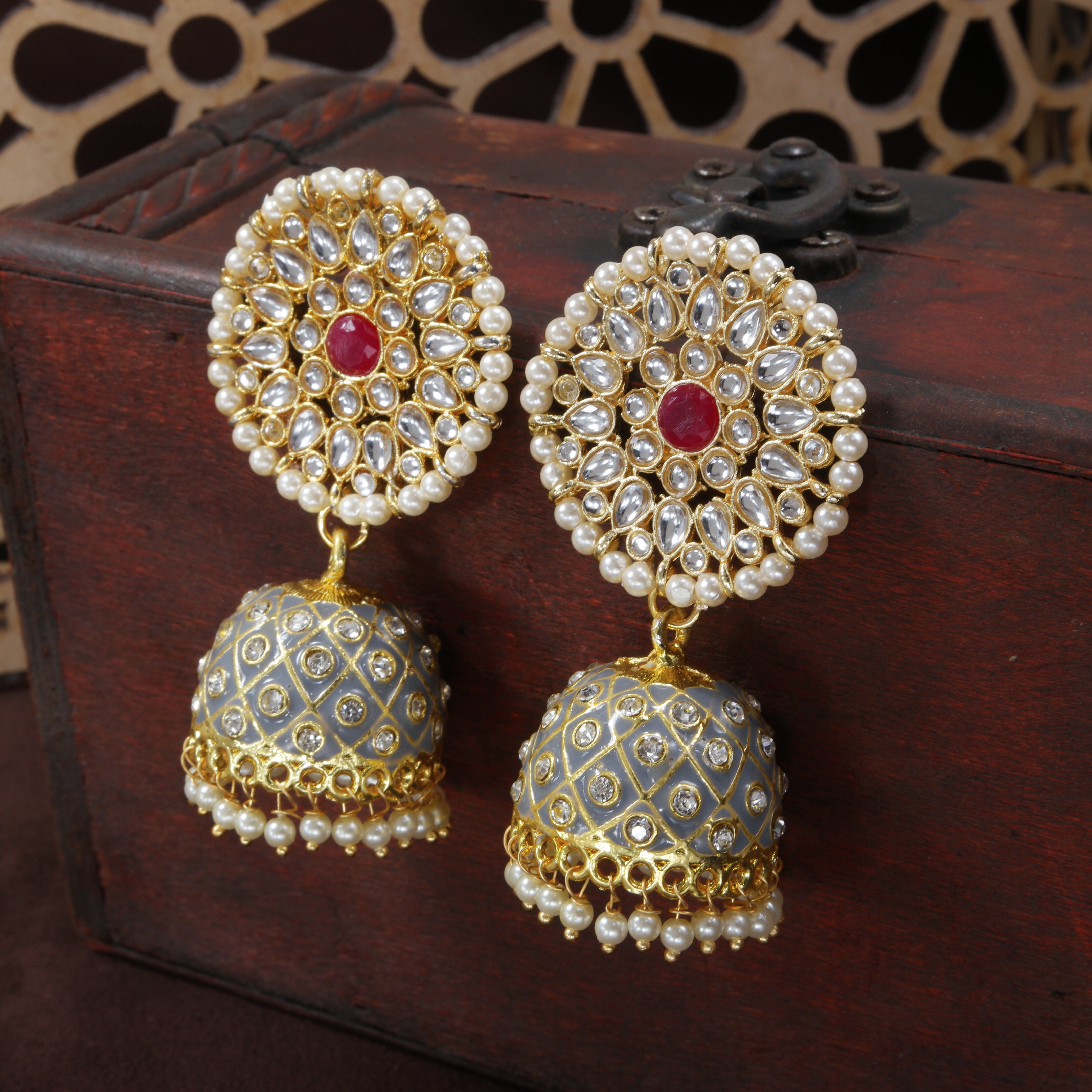 Women's 18k gold plated floral handcrafted Grey meenakari jhumka earring e2925cr - I Jewels