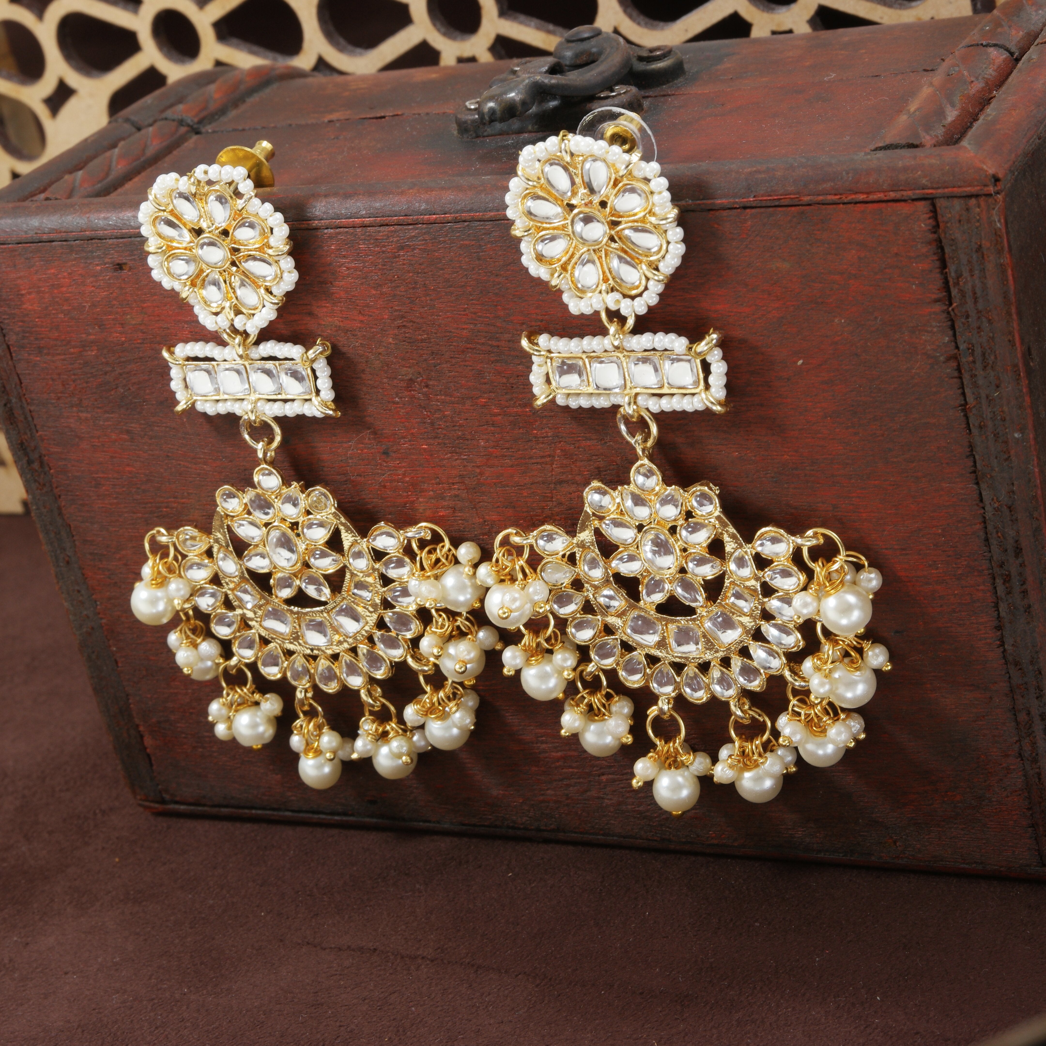 Women's White Gold Plated Beaded Chandbali Earrings Glided With Kundans & Pearls  - i jewels
