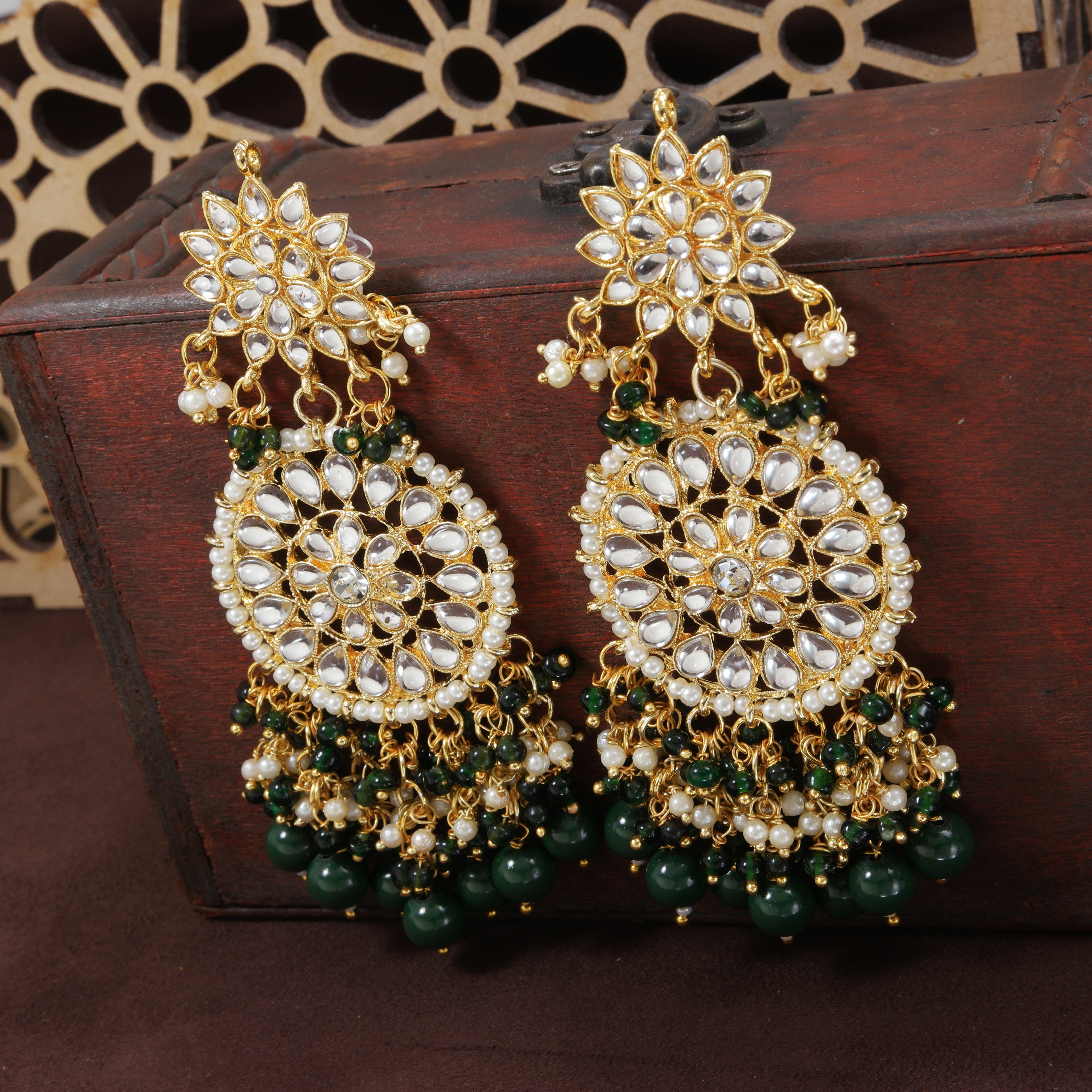 Women's  Gold Plated Green Drop Earrings Glided With Kundans & Pearls  - i jewels