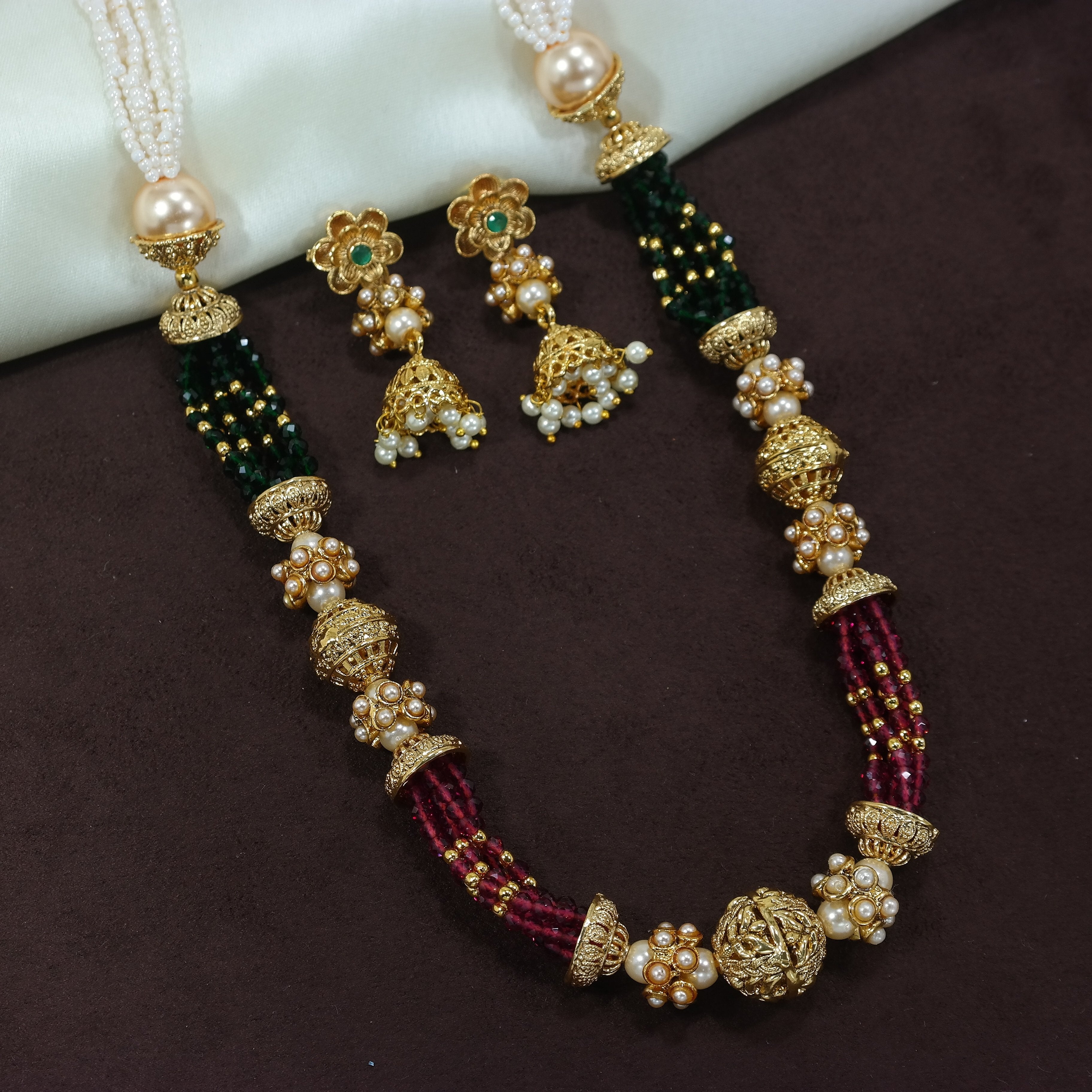 Women's 18K Gold Plated Long Emerald Green Multi String Brass Necklace Set With Earrings - I Jewels