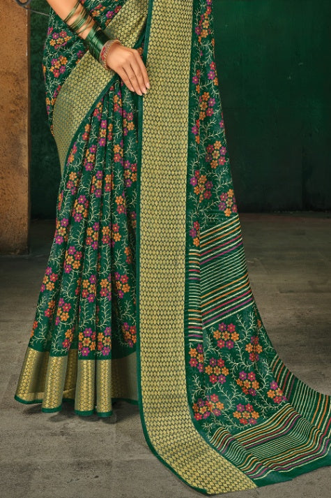 Women's Forest Green Cotton Saree - Karagiri