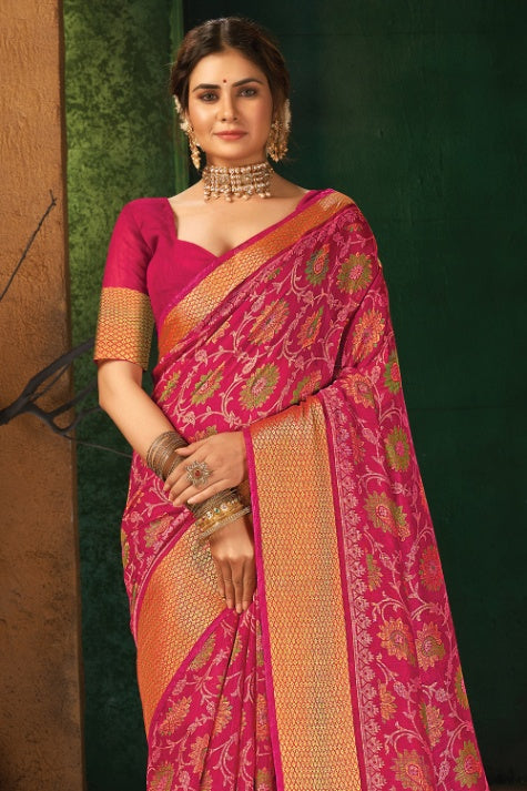 Women's Ruby Pink Cotton Saree - Karagiri