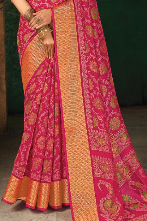 Women's Ruby Pink Cotton Saree - Karagiri
