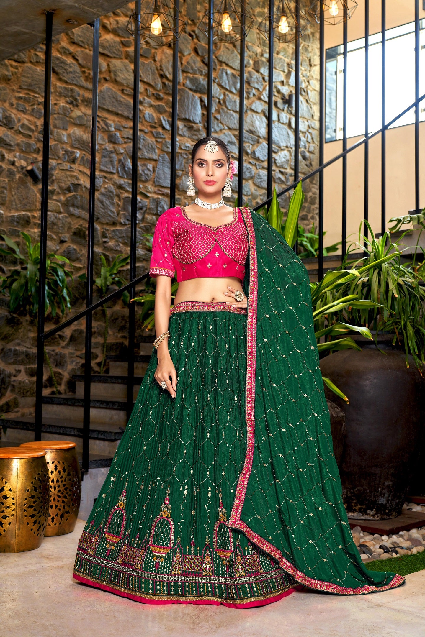 Women's Green Chinon Sequin And Thread Embroidery Lehenga Choli Set - Dwija Fashion