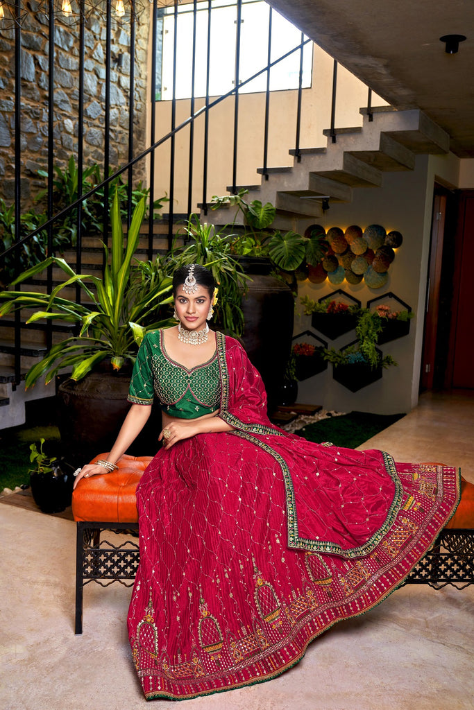 Women's Red CHINON Sequin And Thread Embroidery Lehenga Choli Set