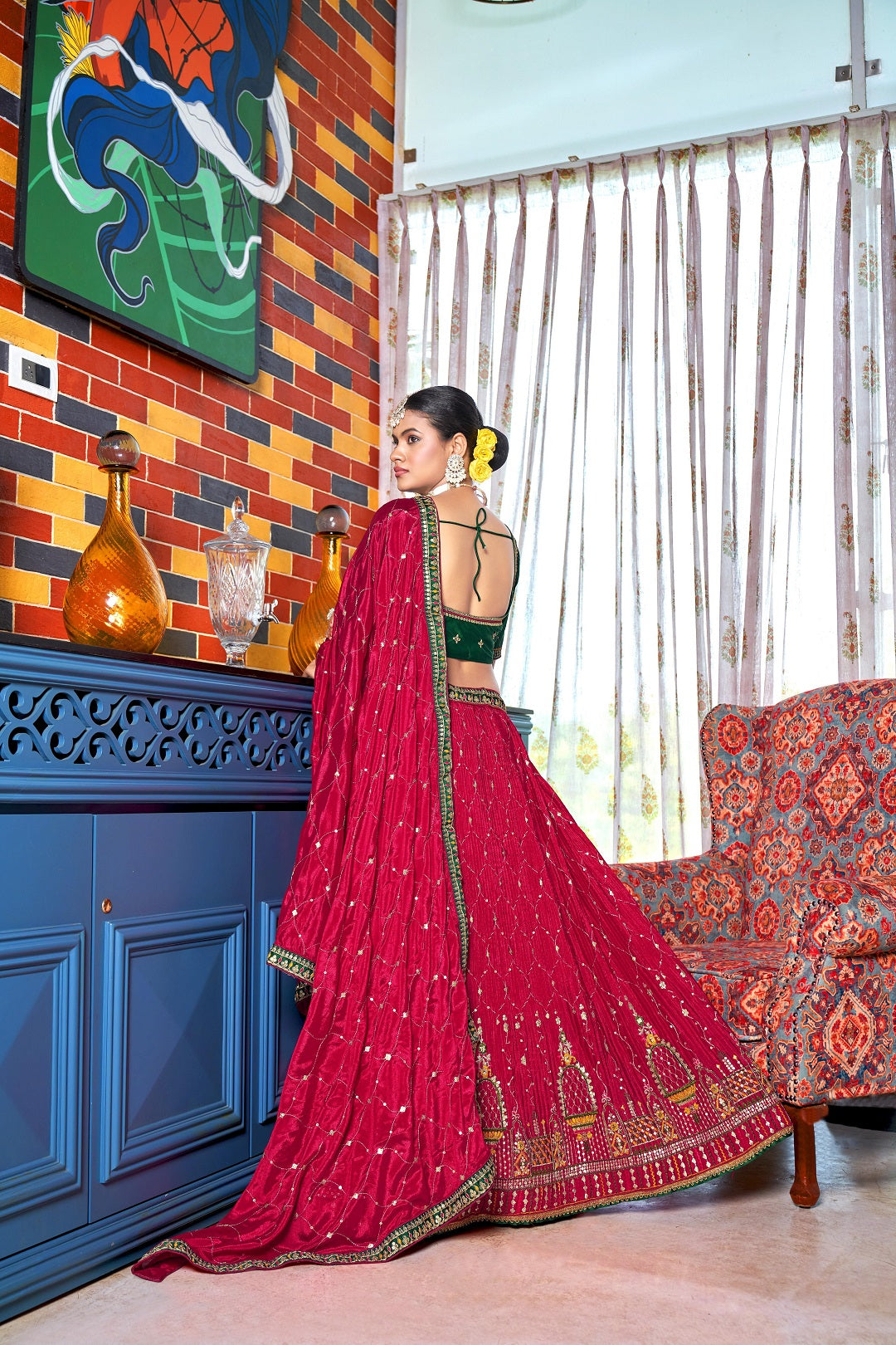 Women's Red Chinon Sequin And Thread Embroidery Lehenga Choli Set - Dwija Fashion
