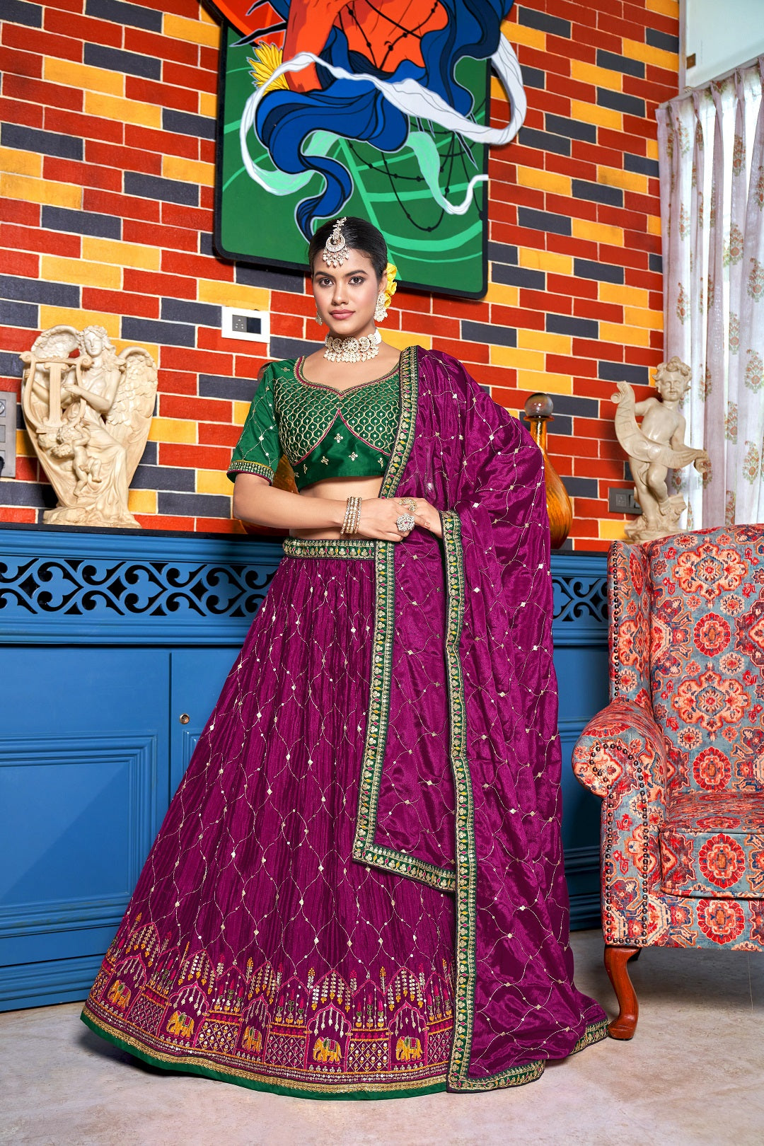 Women's Purple Chinon Sequin And Thread Embroidery Lehenga Choli Set - Dwija Fashion