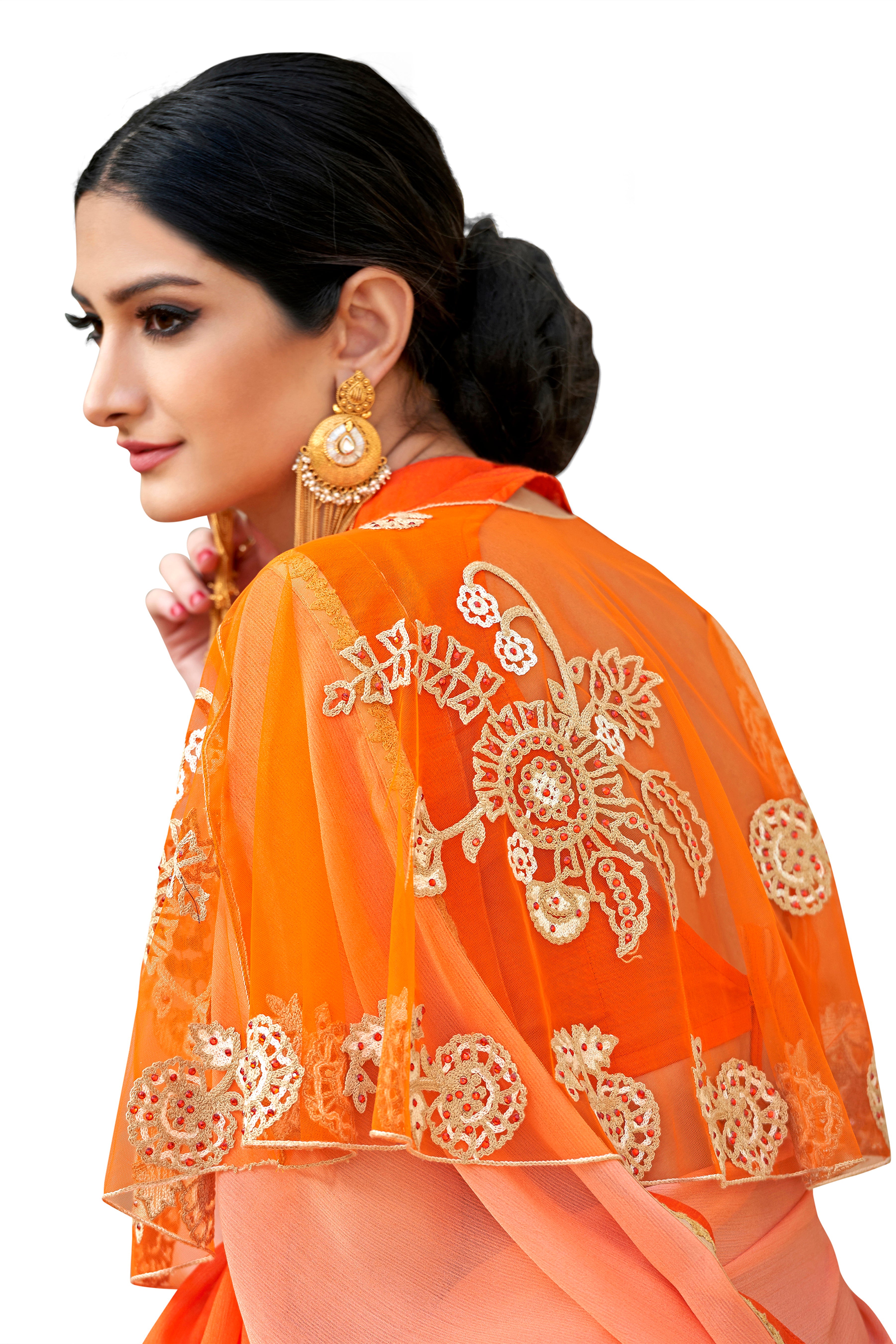 Women's Orange Designer Saree With Double Blouse - Vamika