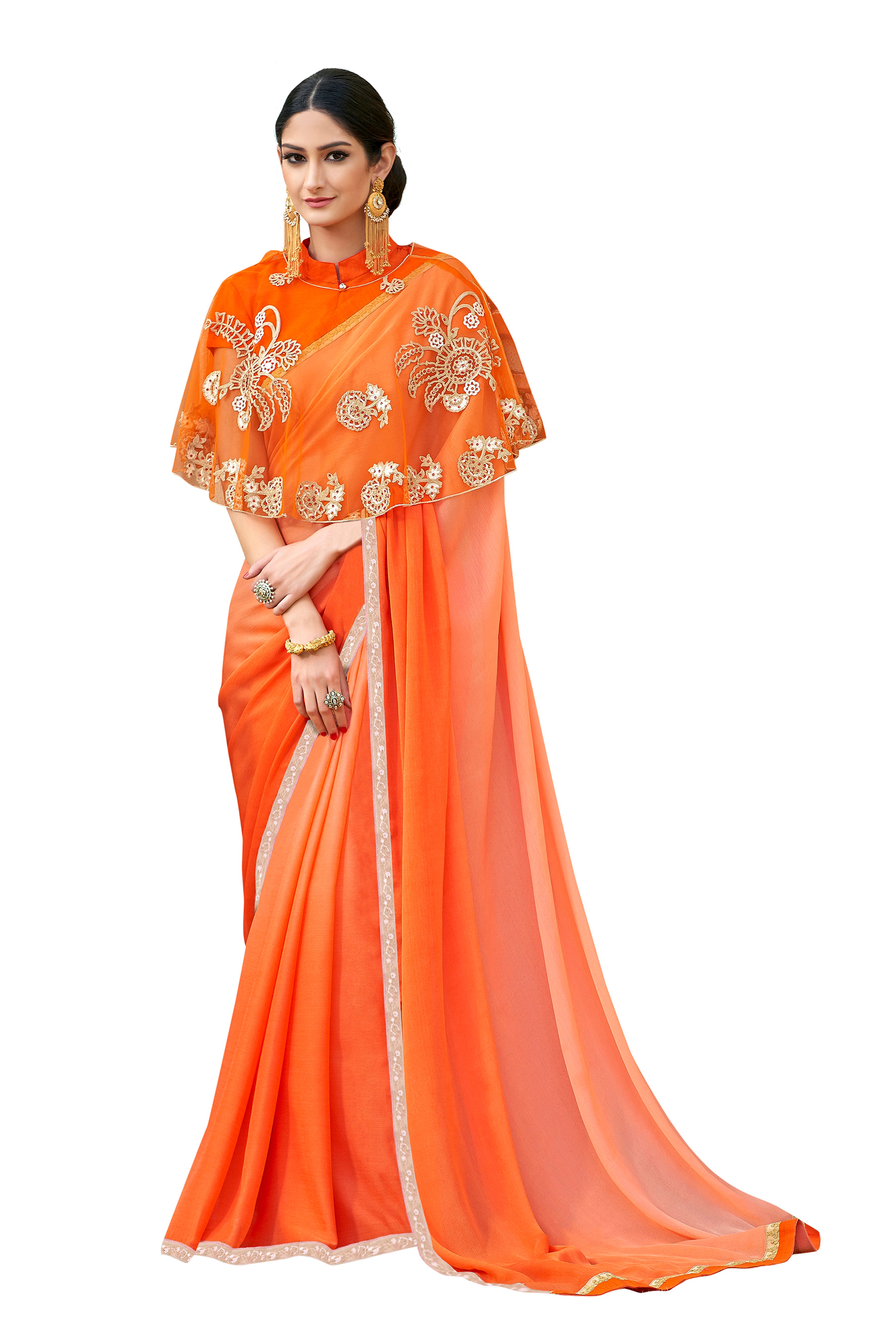 Women's Orange Designer Saree With Double Blouse - Vamika
