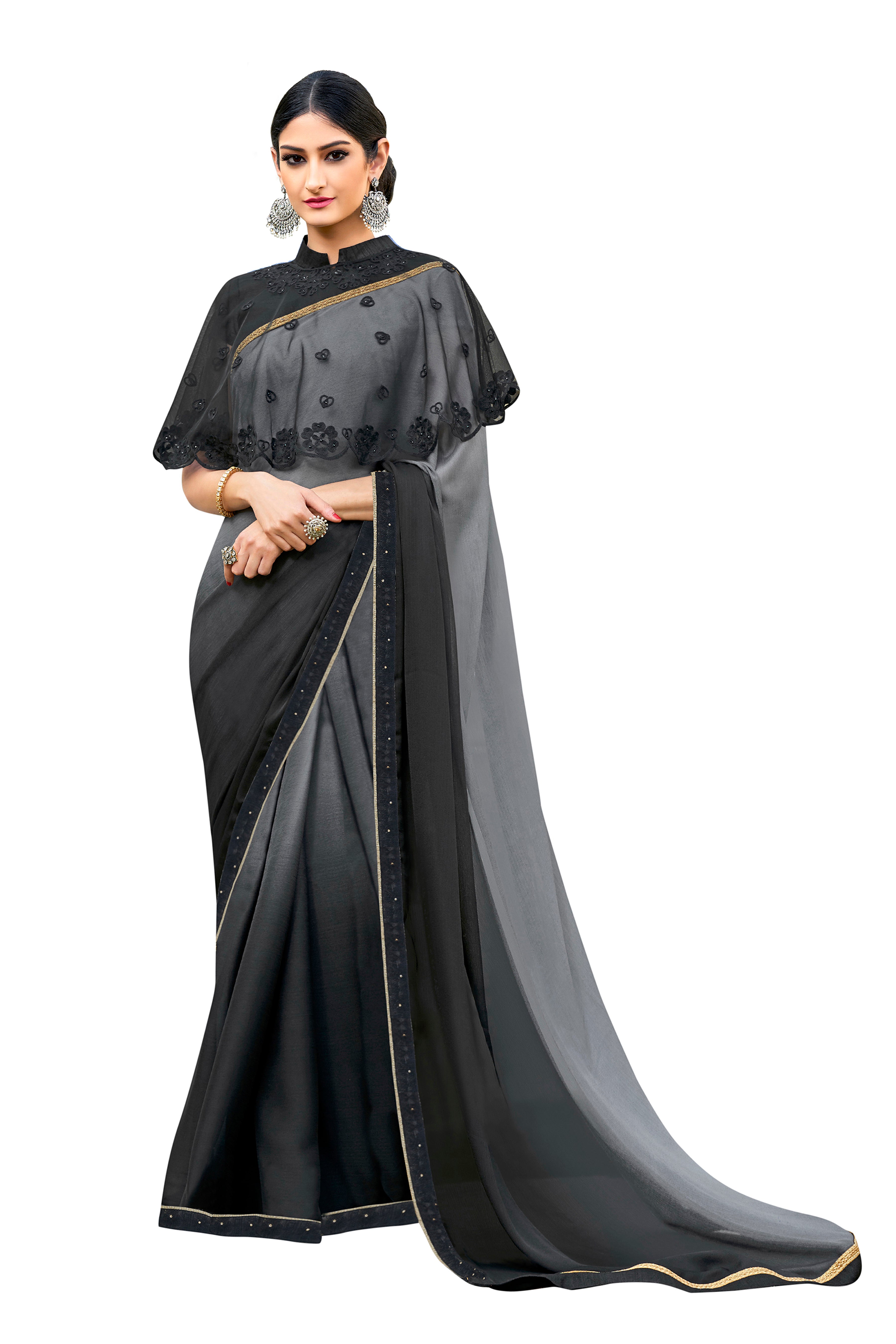 Women's Grey Designer Saree With Double Blouse - Vamika