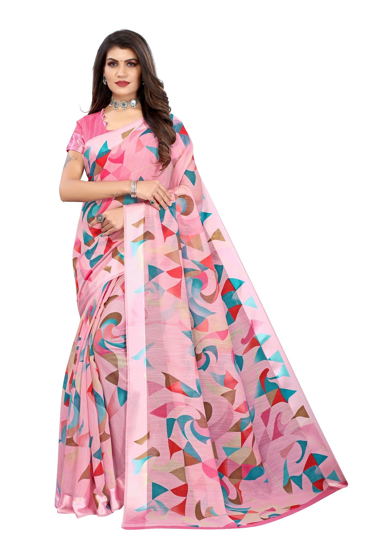 Women's Pink Linen Satin Border Saree - Vamika