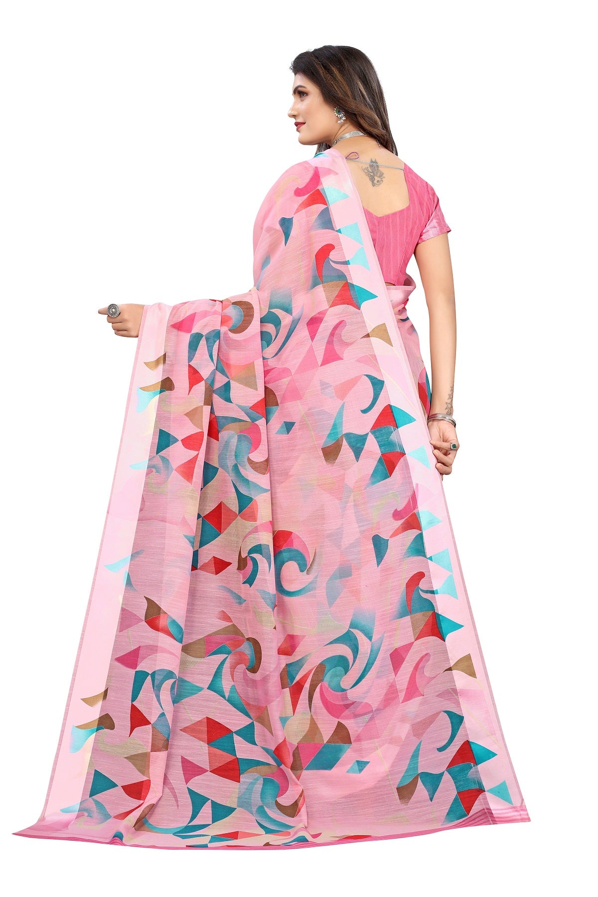 Women's Pink Linen Satin Border Saree - Vamika