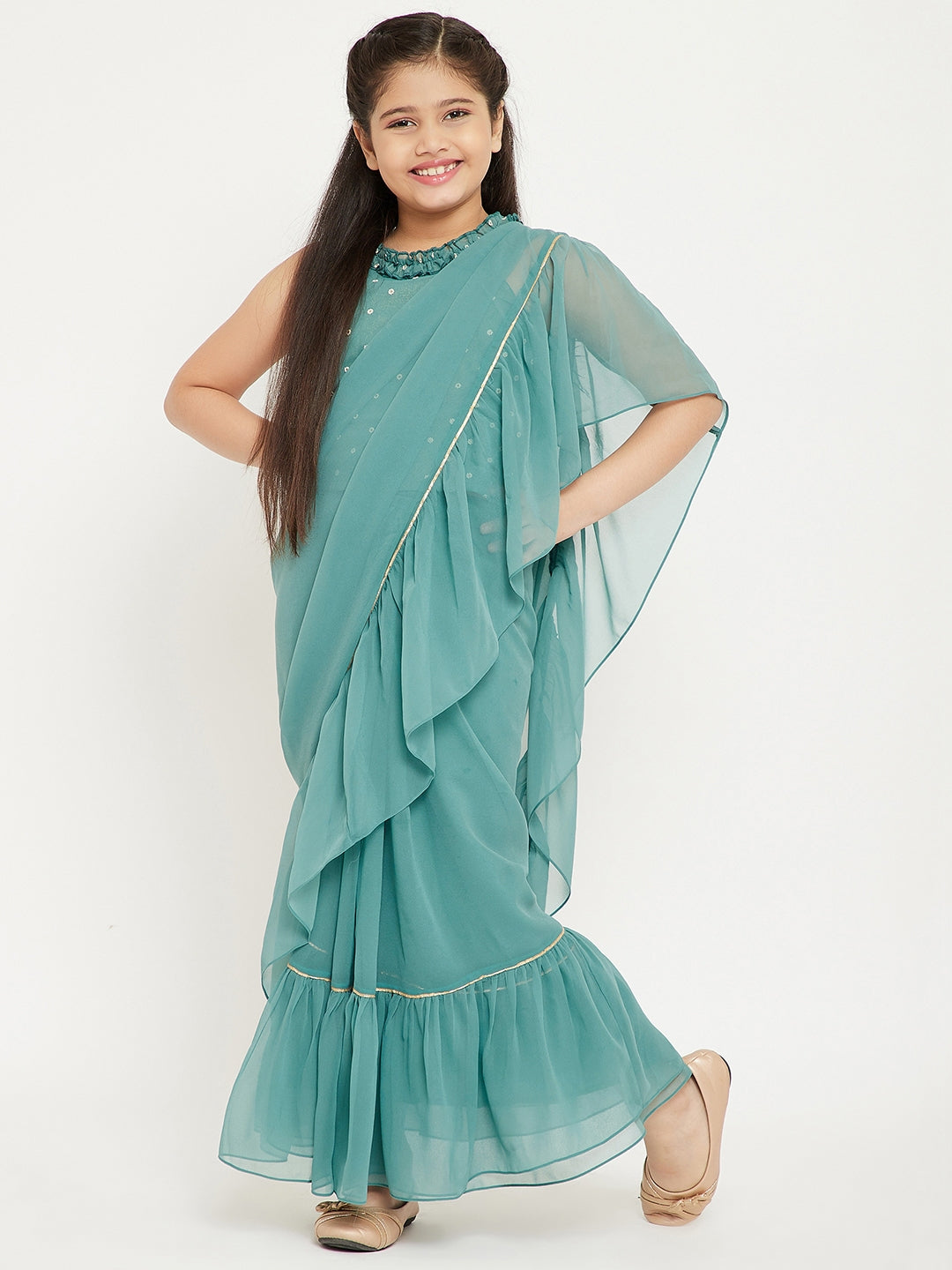 Girl's Blue Solid Layered Top with Saree - StyloBug KIDS