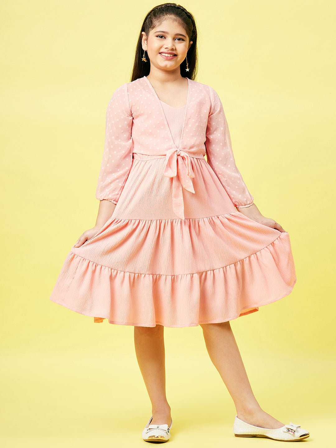 Girl's Solid Dress Peach - StyloBug KIDS