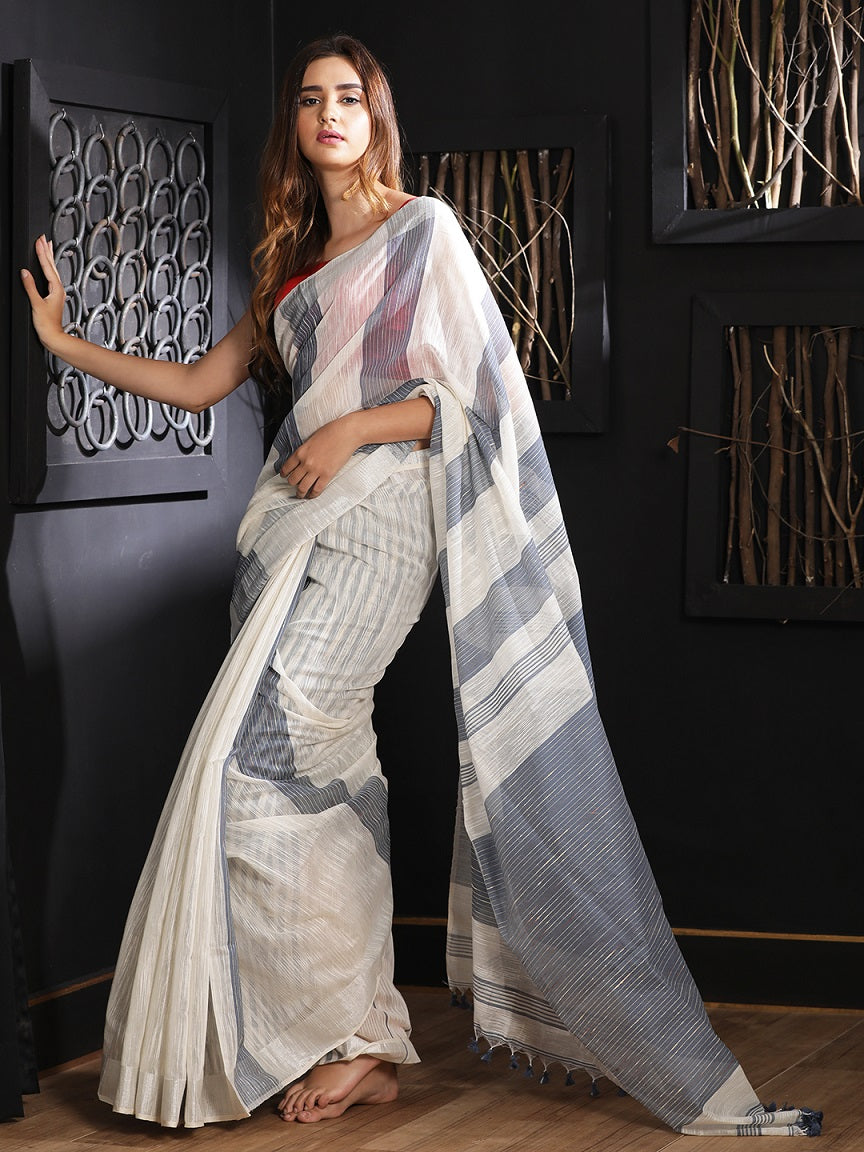 Women's White Hand Woven Blended Cotton Saree With Grey Stripes With Unstitched Blouse-Sajasajo