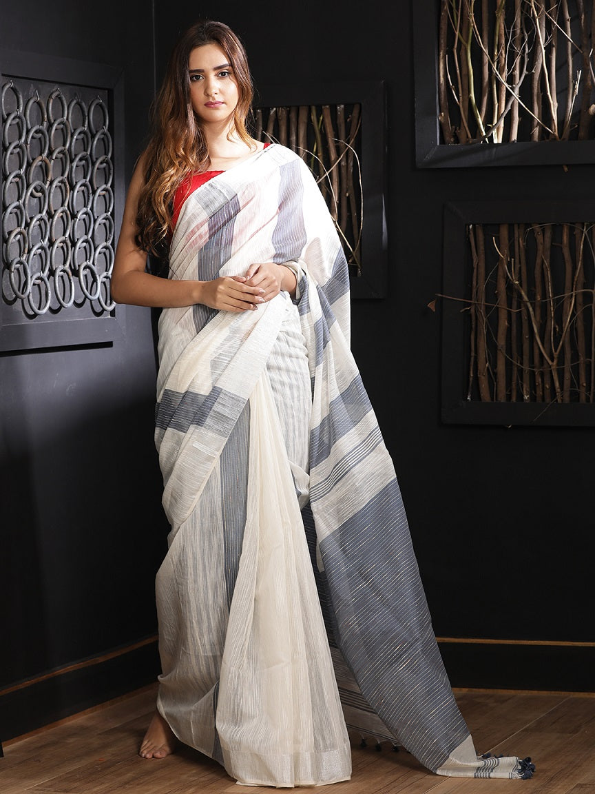 Women's White Hand Woven Blended Cotton Saree With Grey Stripes With Unstitched Blouse-Sajasajo
