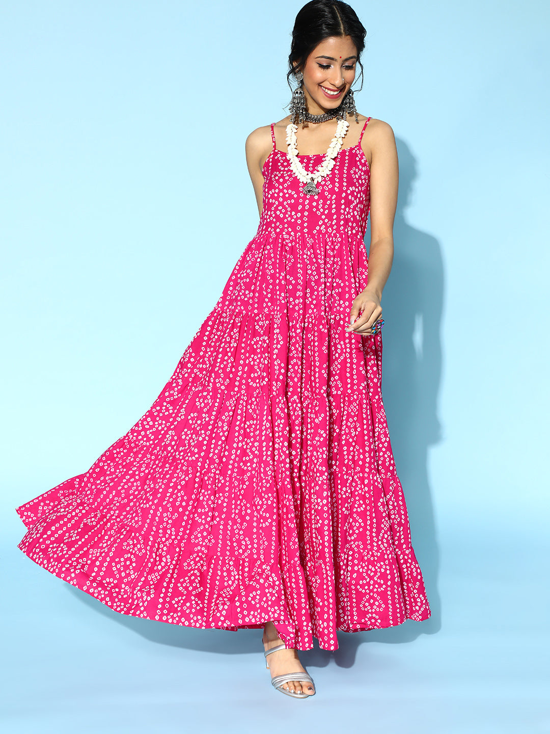 Women's Pink Bandhani Printed Tiered Maxi Dress - Aks
