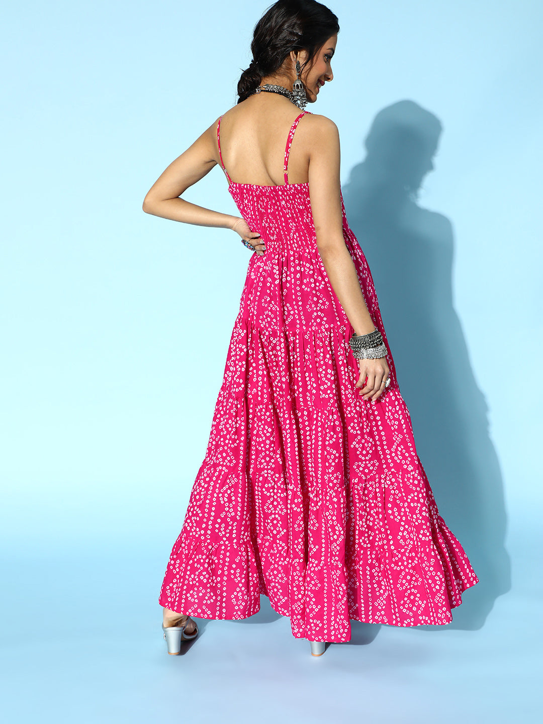 Women's Pink Bandhani Printed Tiered Maxi Dress - Aks