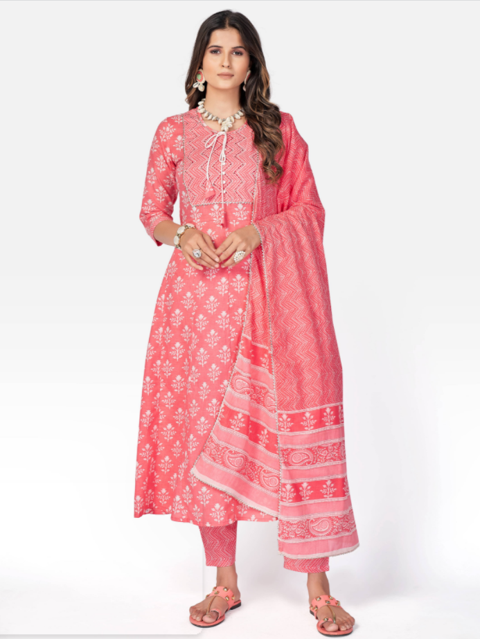 Women's Pink Anarkali Cotton Kurta With Pant & Dupatta By Vbuyz (3Pcs Set)