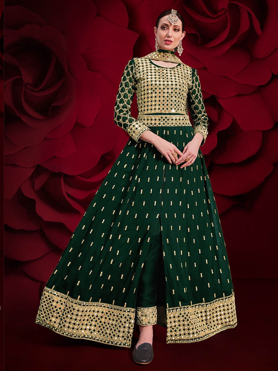Women's Green Heavy Embroidered Pant Style Anarkali Suit-Myracouture