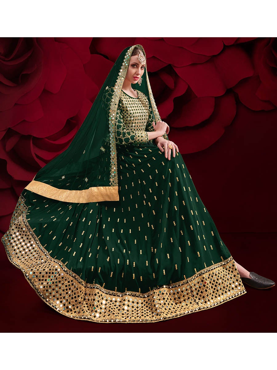 Women's Green Heavy Embroidered Pant Style Anarkali Suit-Myracouture