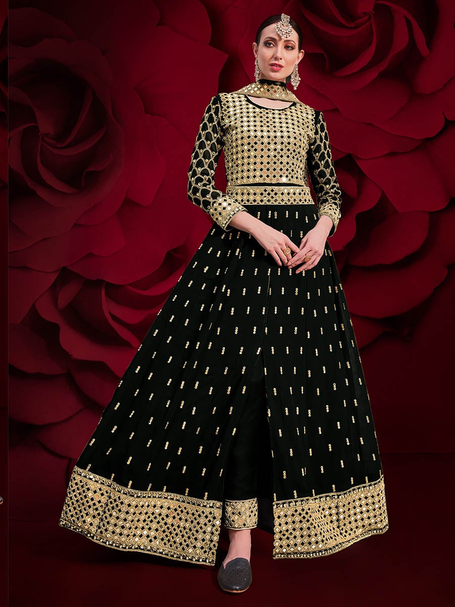 Women's Black Heavy Embroidered Pant Style Anarkali Suit-Myracouture
