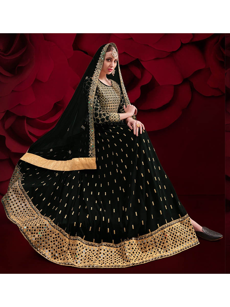Women's Black Heavy Embroidered Pant Style Anarkali Suit-Myracouture