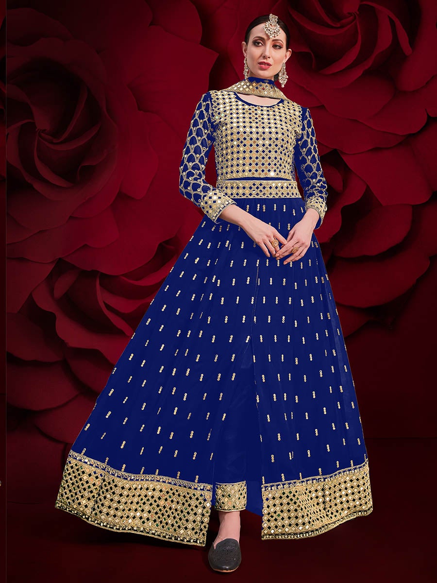 Women's Royal Blue Heavy Embroidered Pant Style Anarkali Suit-Myracouture