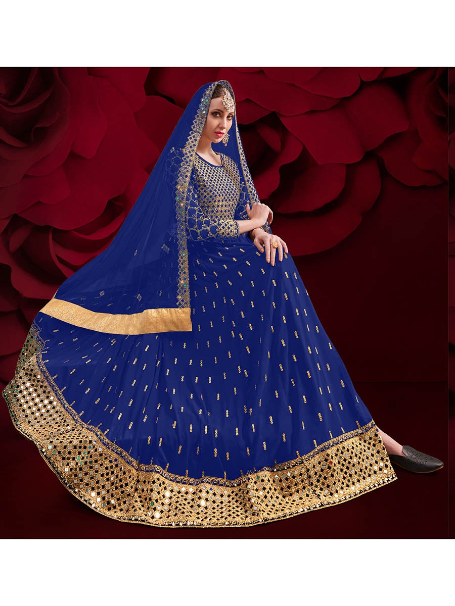 Women's Royal Blue Heavy Embroidered Pant Style Anarkali Suit-Myracouture
